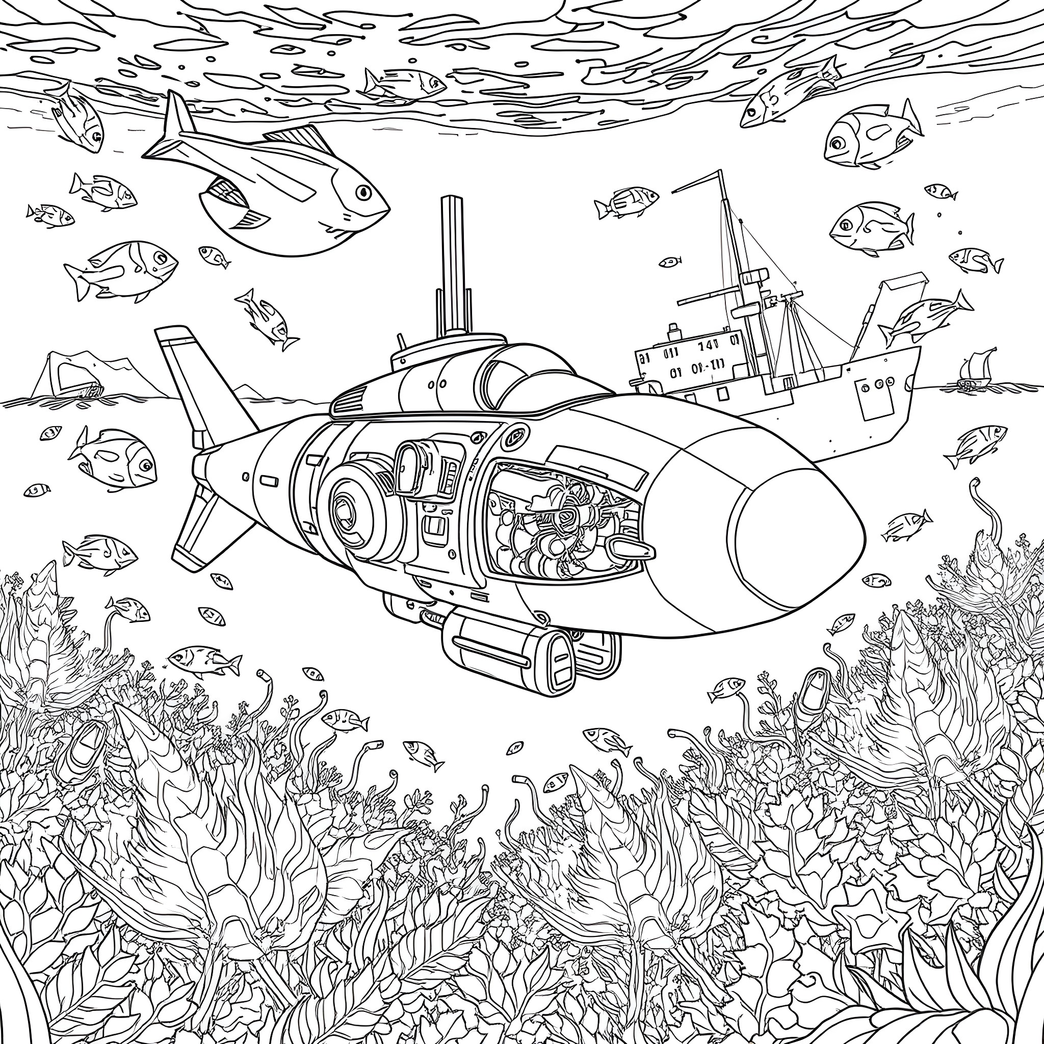 Robot submarine exploring underwater marine life Coloring Page (free black-and-white line drawing printable PDF for all, from beginners to advanced learners, including children, teens, adults, and seniors)