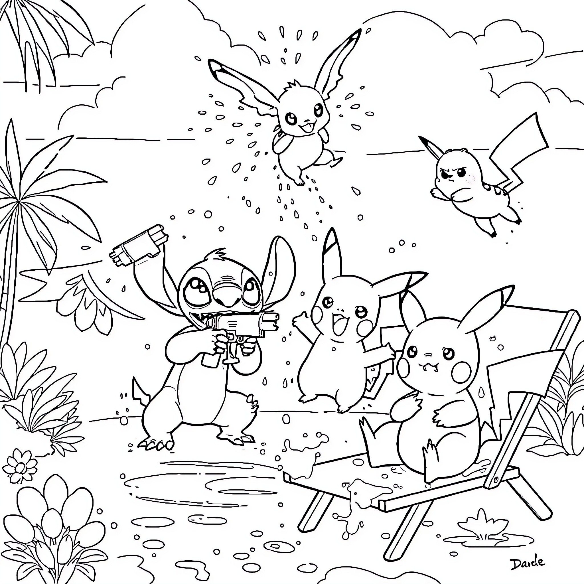 Stitch and Pikachu playing together in the jungle Coloring Page (free black-and-white line drawing printable PDF for all, from beginners to advanced learners, including children, teens, adults, and seniors)