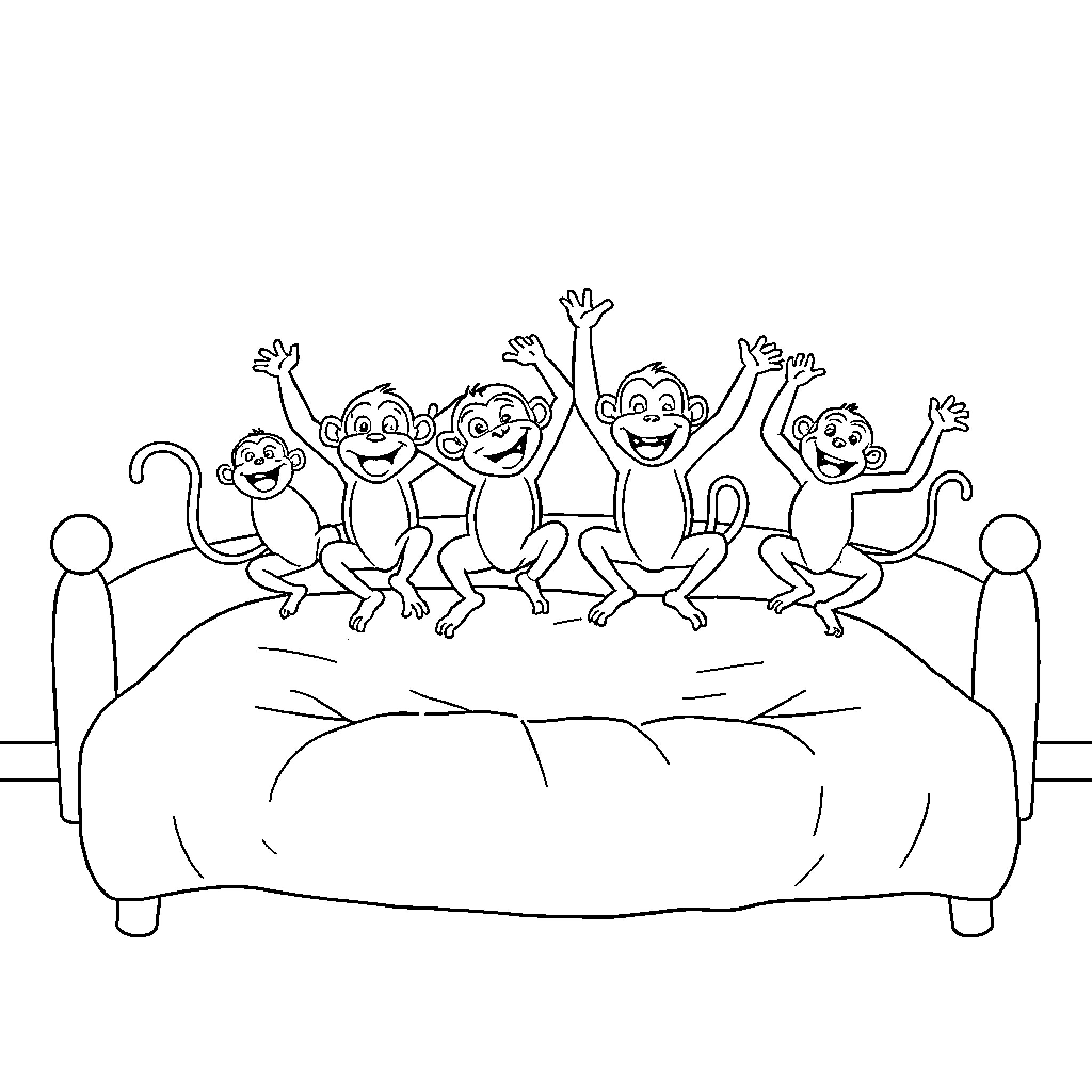 Monkeys playing joyfully on a couch Coloring Page (free black-and-white line drawing printable PDF for all, from beginners to advanced learners, including children, teens, adults, and seniors)