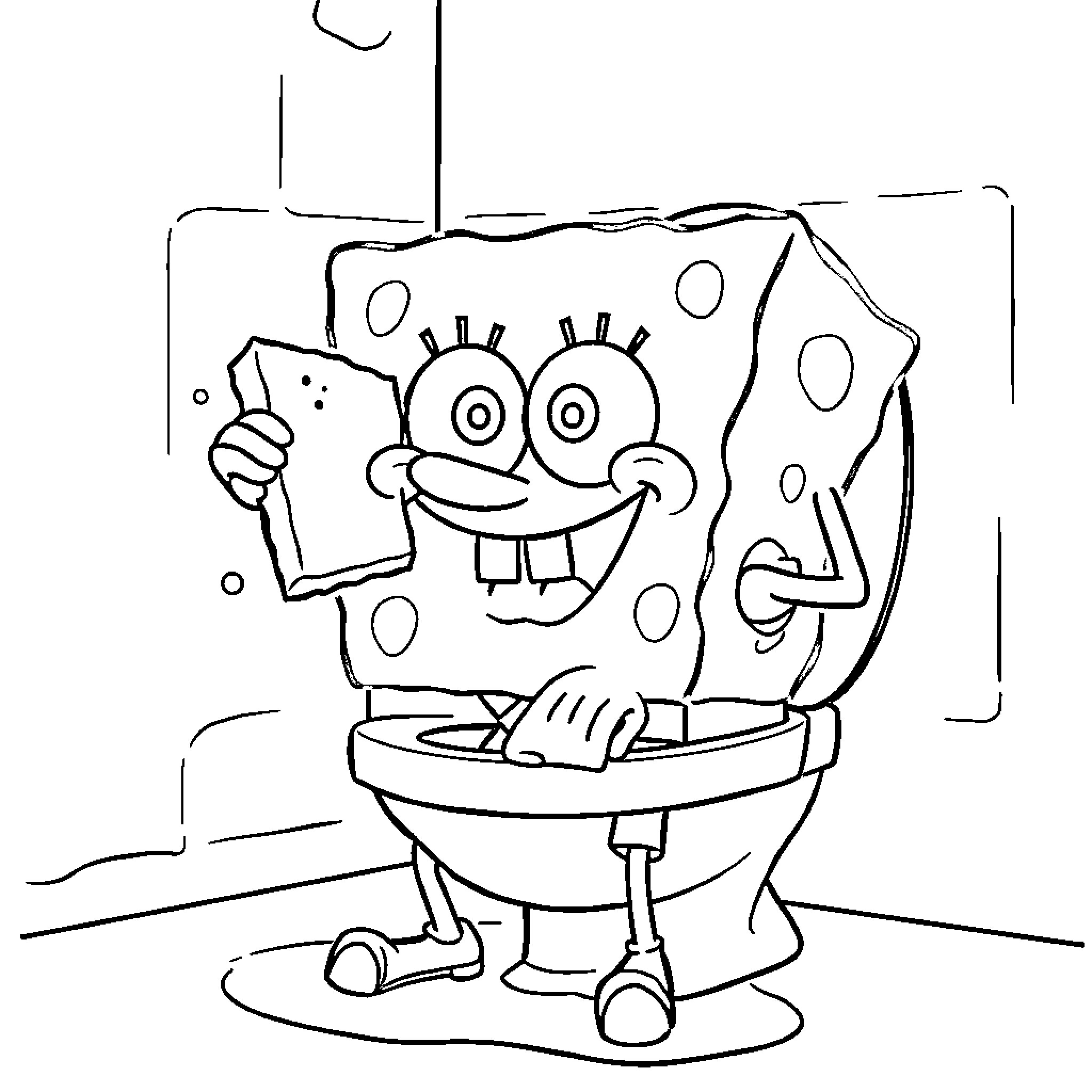 Spongebob's silly antics in the bathroom Coloring Page (free black-and-white line drawing printable PDF for all, from beginners to advanced learners, including children, teens, adults, and seniors)