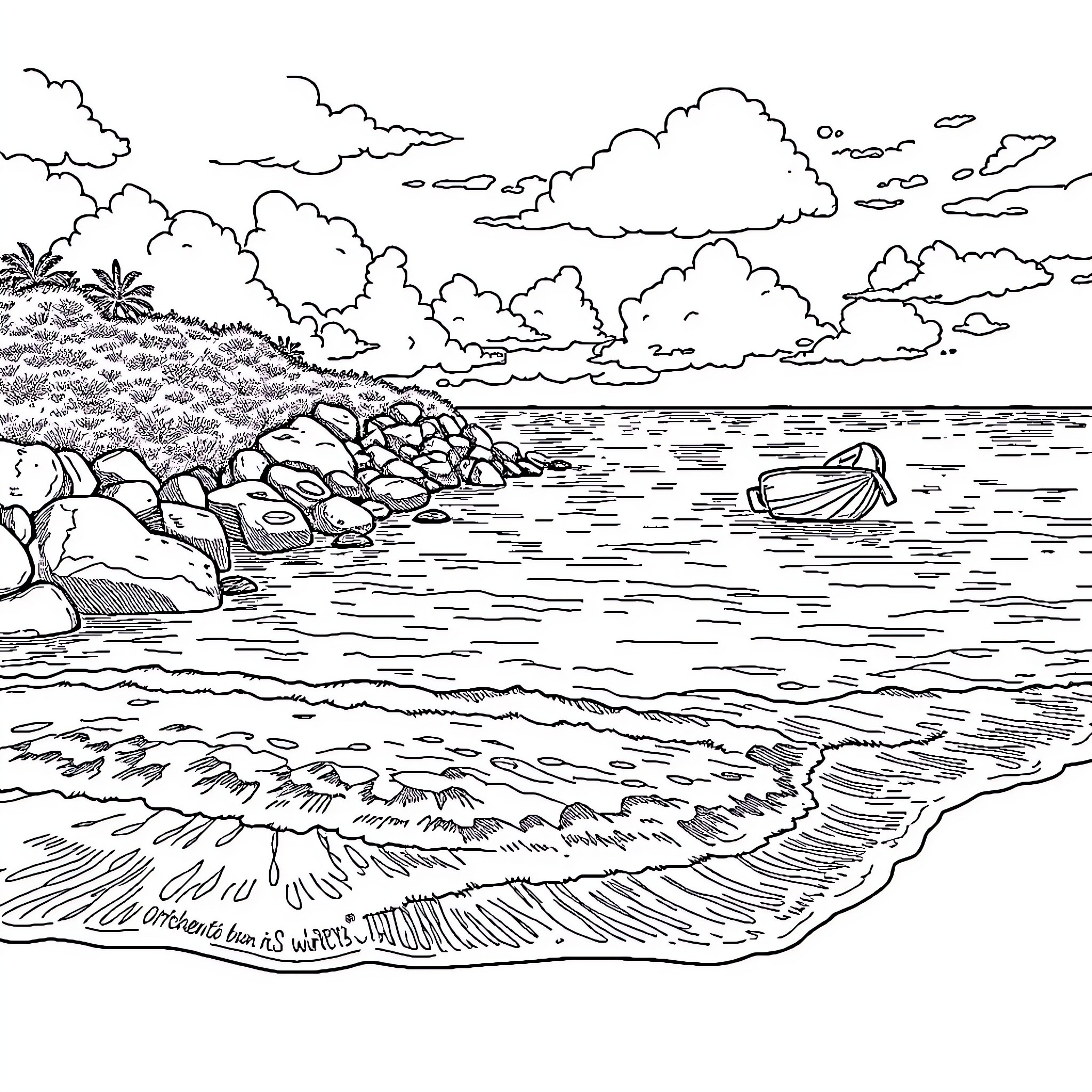 Cove with serene beach and tranquil waters Coloring Page (free black-and-white line drawing printable PDF for all, from beginners to advanced learners, including children, teens, adults, and seniors)