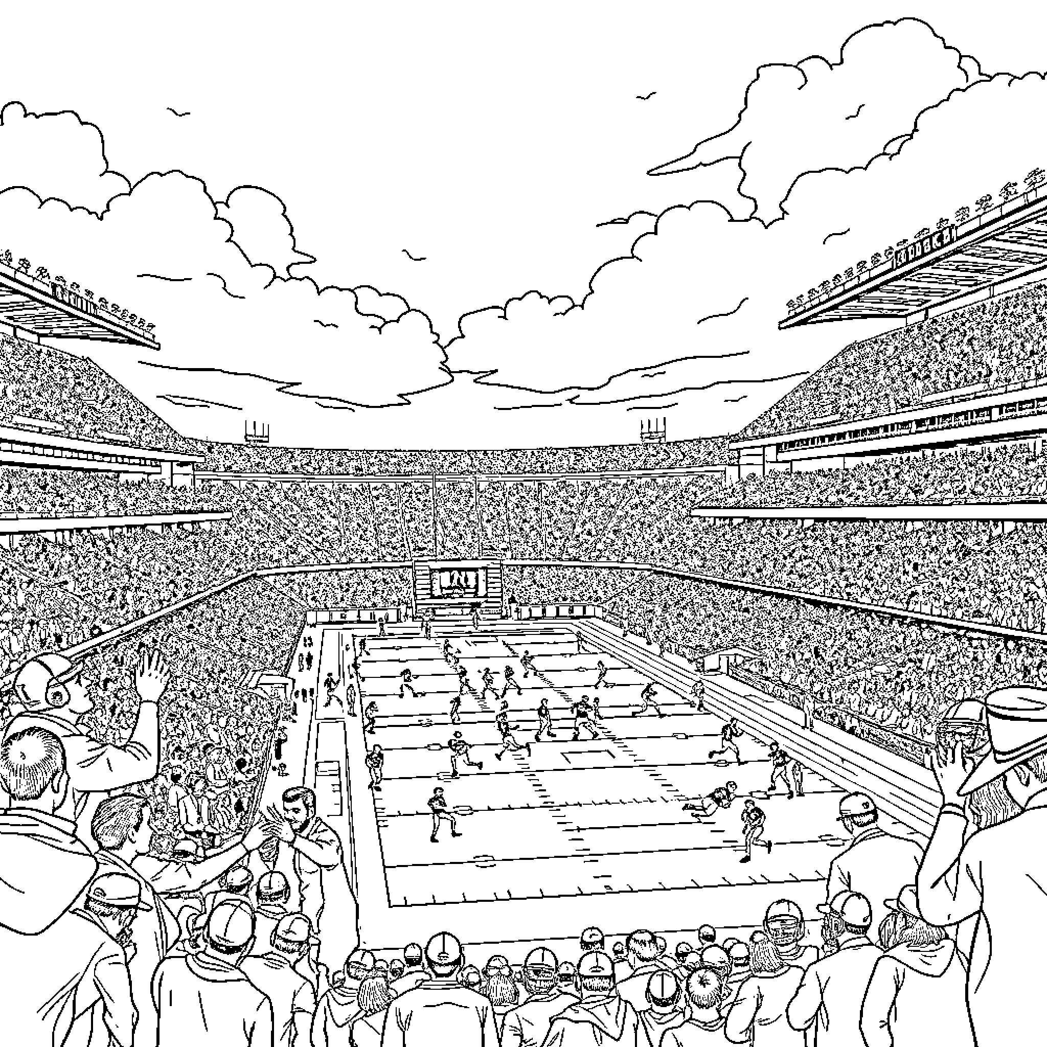 Football game in a packed stadium with fans Coloring Page (free black-and-white line drawing printable PDF for all, from beginners to advanced learners, including children, teens, adults, and seniors)