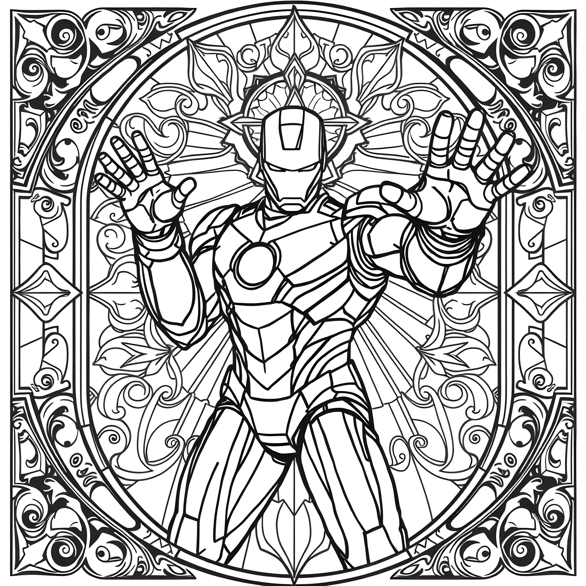 Iron Man in Heroic Stance with Ornate Architectural Frame Coloring Page (free black-and-white line drawing printable PDF for all, from beginners to advanced learners, including children, teens, adults, and seniors)