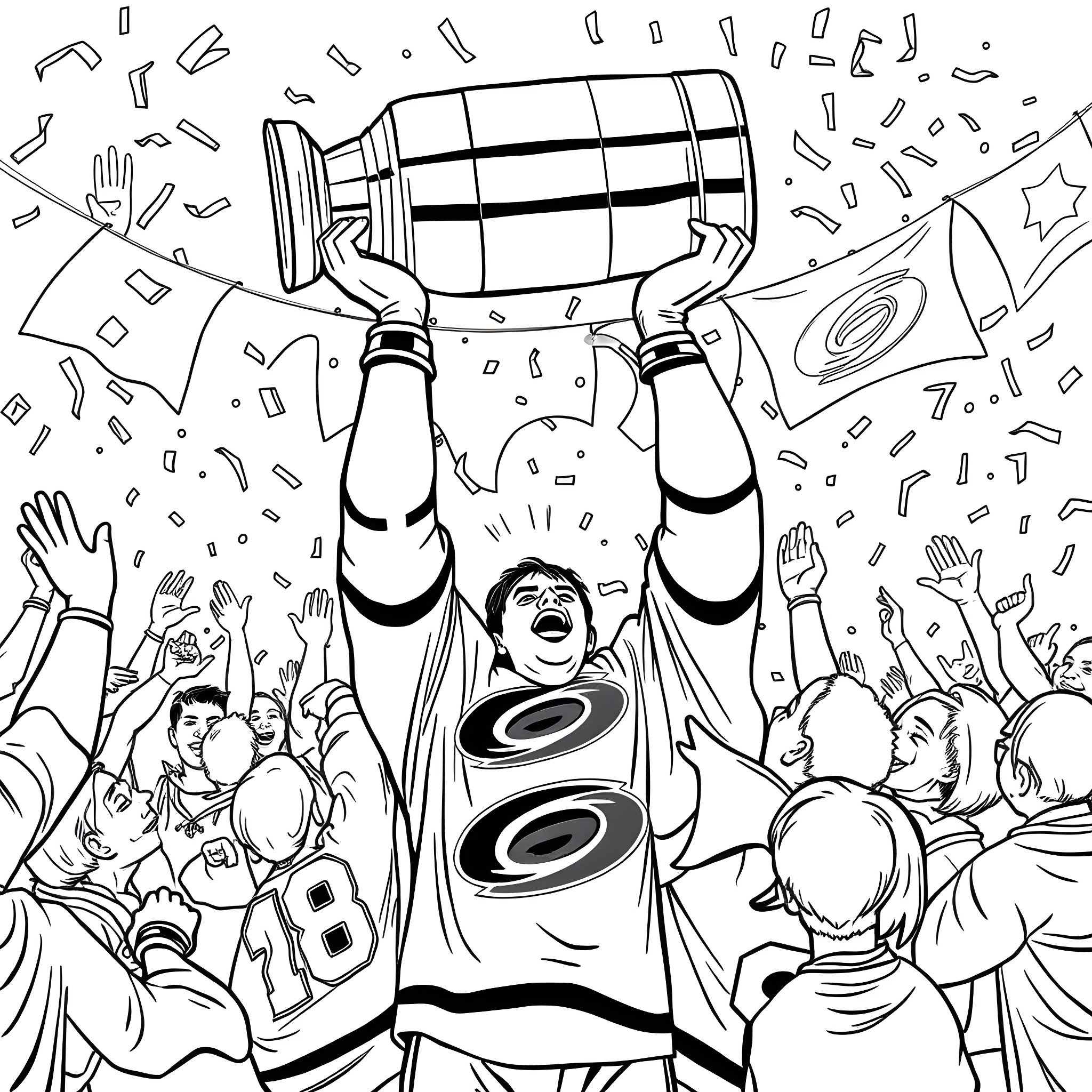 Hurricane Celebration with Trophy Coloring Page (free black-and-white line drawing printable PDF for all, from beginners to advanced learners, including children, teens, adults, and seniors)