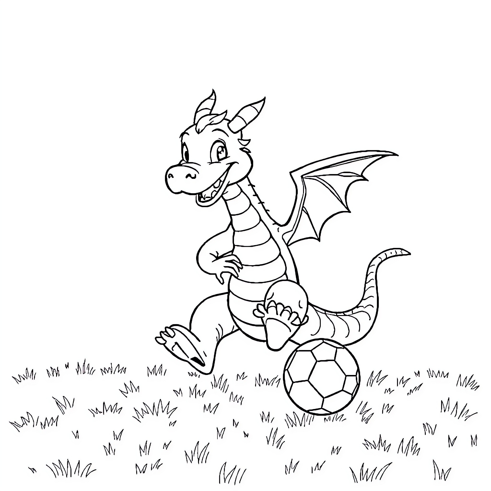 Dragon playing with soccer ball in the meadow Coloring Page (free black-and-white line drawing printable PDF for all, from beginners to advanced learners, including children, teens, adults, and seniors)
