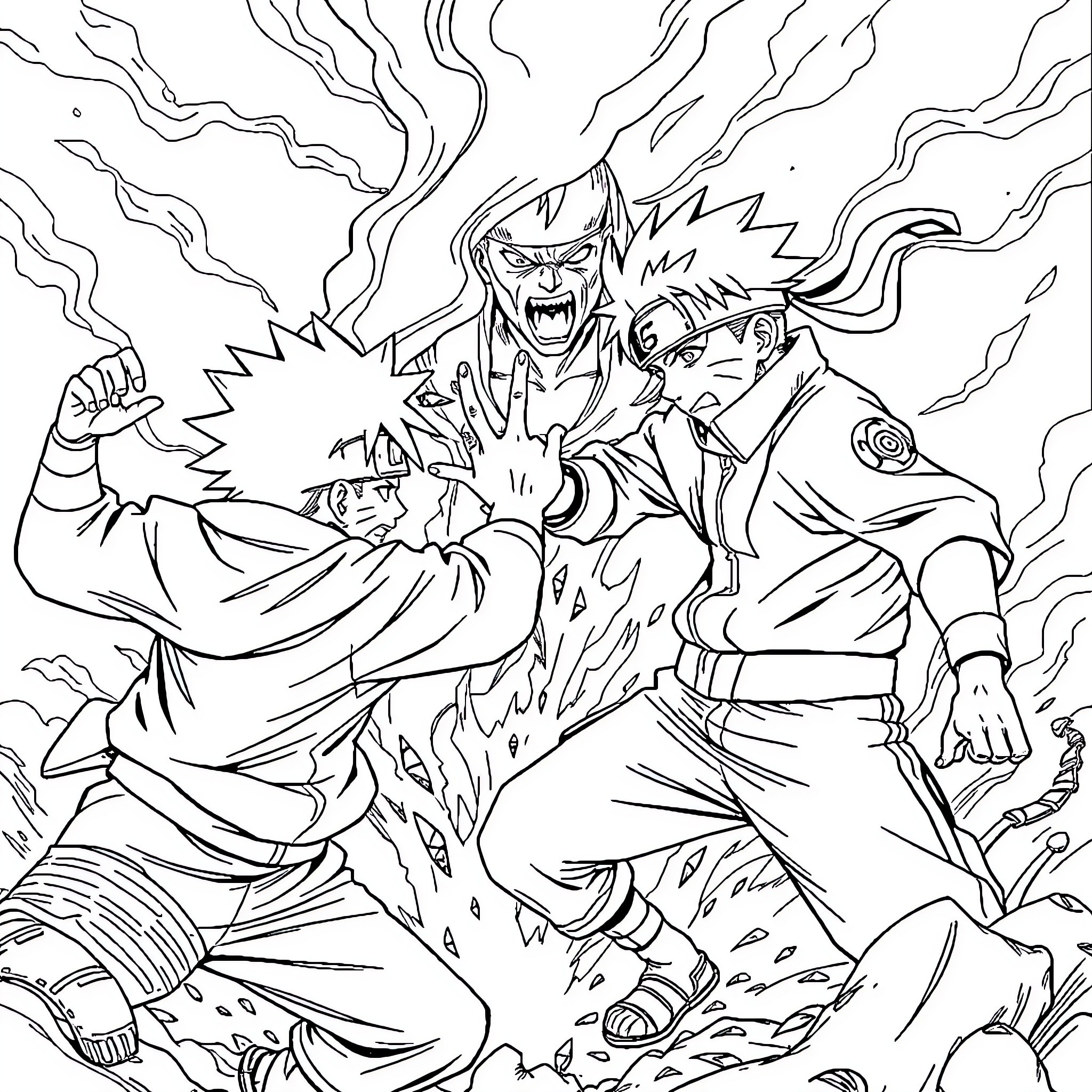 Naruto and friends engage in intense battle Coloring Page (free black-and-white line drawing printable PDF for all, from beginners to advanced learners, including children, teens, adults, and seniors)