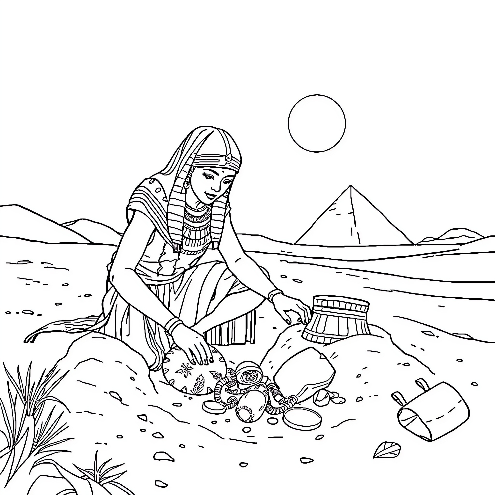 Archaeologist exploring ancient ruins in the desert Coloring Page (free black-and-white line drawing printable PDF for all, from beginners to advanced learners, including children, teens, adults, and seniors)