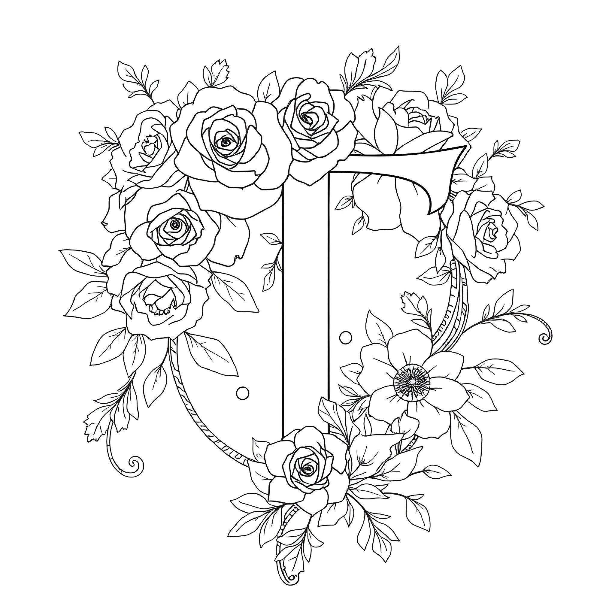 Letter T Surrounded by Blooming Flowers Coloring Page (free black-and-white line drawing printable PDF for all, from beginners to advanced learners, including children, teens, adults, and seniors)