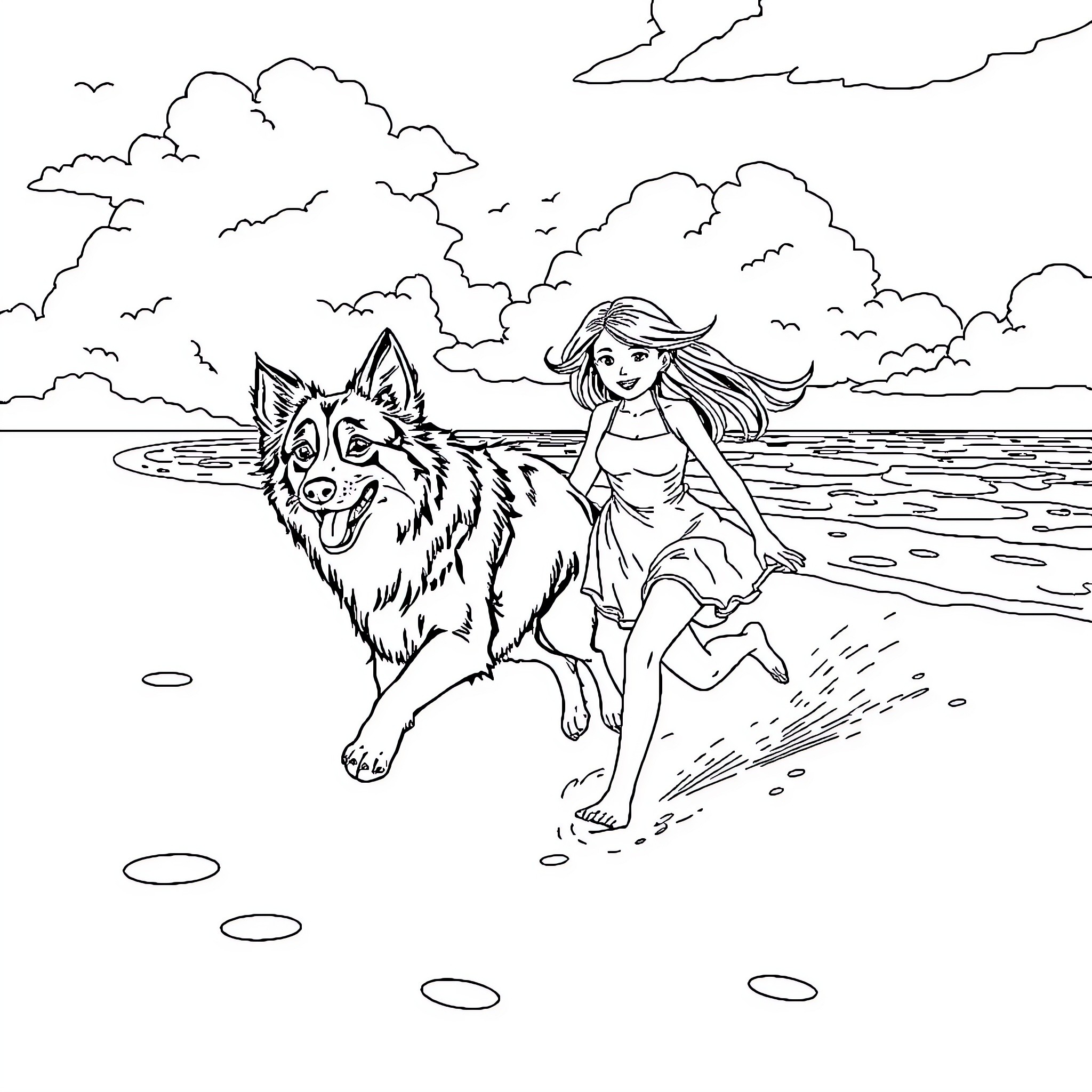 Border Collie playing happily with girl on the beach Coloring Page (free black-and-white line drawing printable PDF for all, from beginners to advanced learners, including children, teens, adults, and seniors)