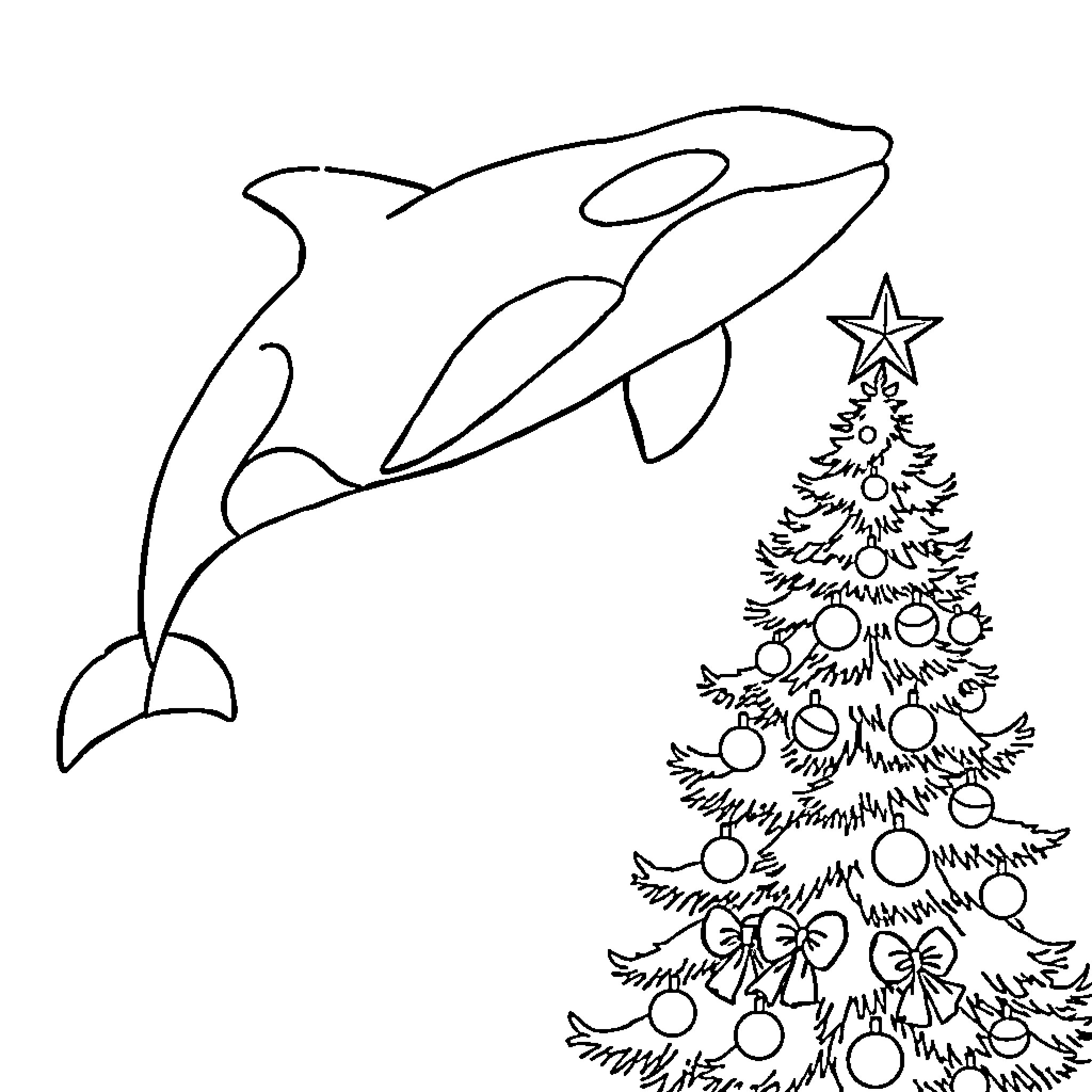 Orca leaping near a Christmas tree Coloring Page (free black-and-white line drawing printable PDF for all, from beginners to advanced learners, including children, teens, adults, and seniors)