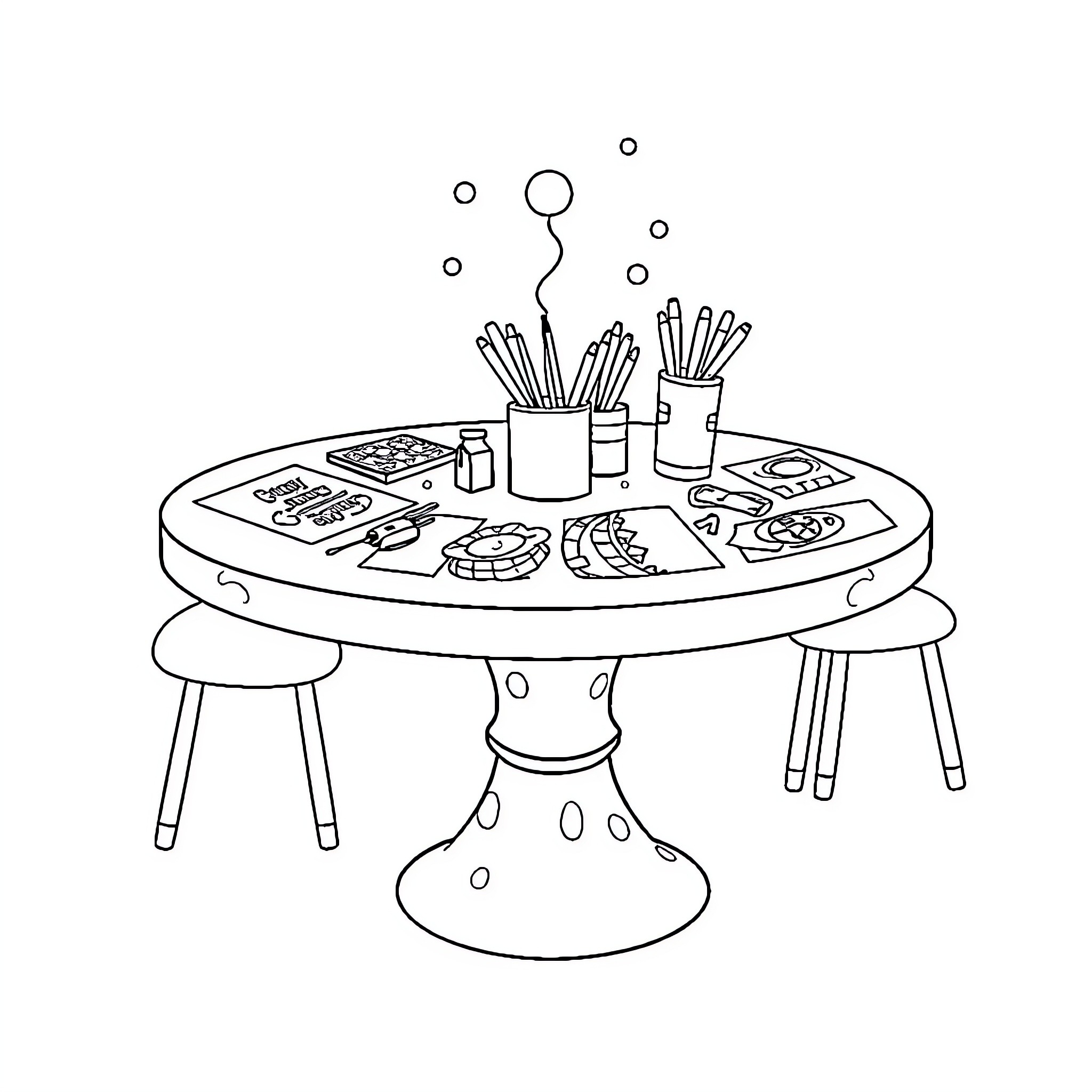 Creation of Art Supplies on a Table Coloring Page (free black-and-white line drawing printable PDF for all, from beginners to advanced learners, including children, teens, adults, and seniors)