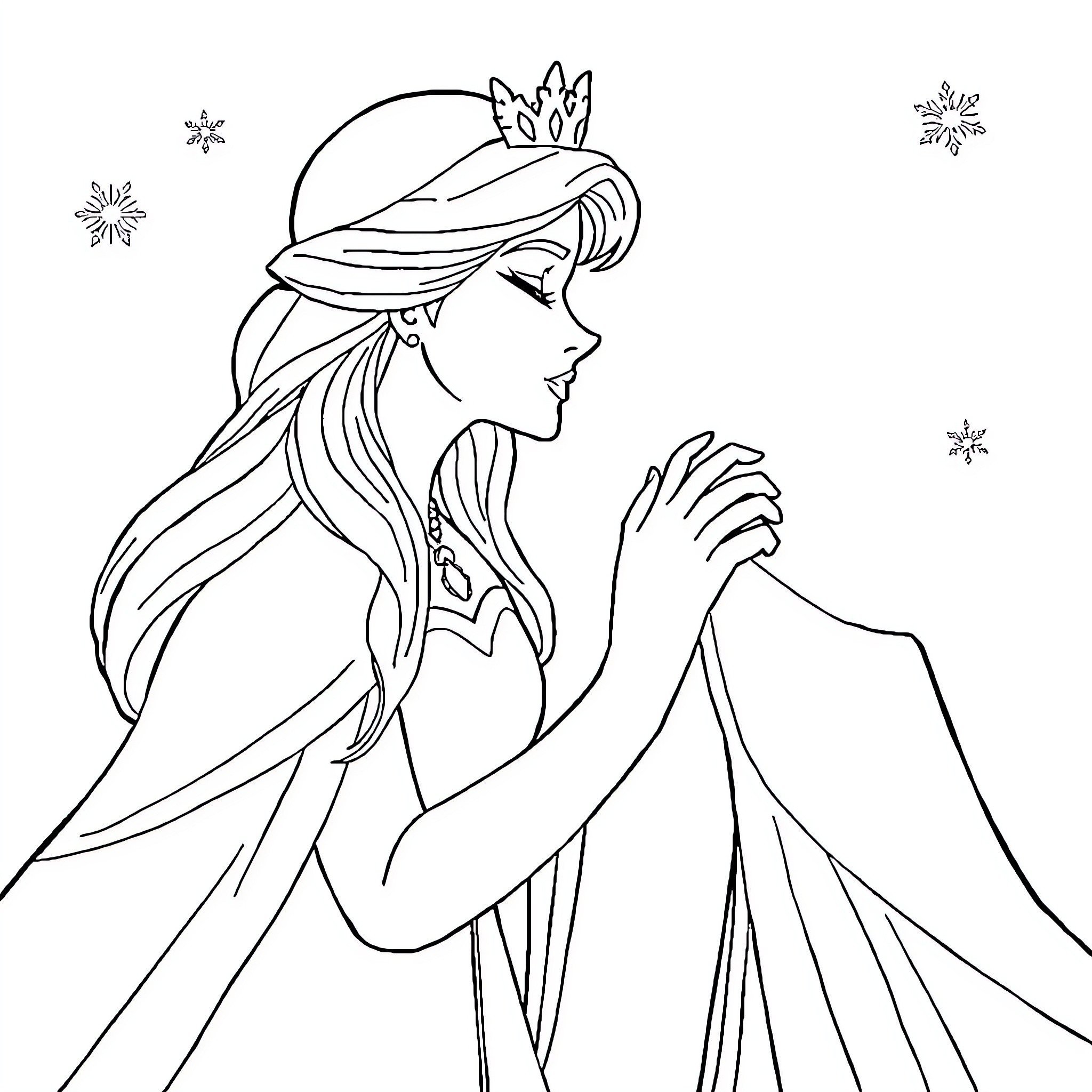 Snow Queen in winter garb, gazing into the distance Coloring Page (free black-and-white line drawing printable PDF for all, from beginners to advanced learners, including children, teens, adults, and seniors)