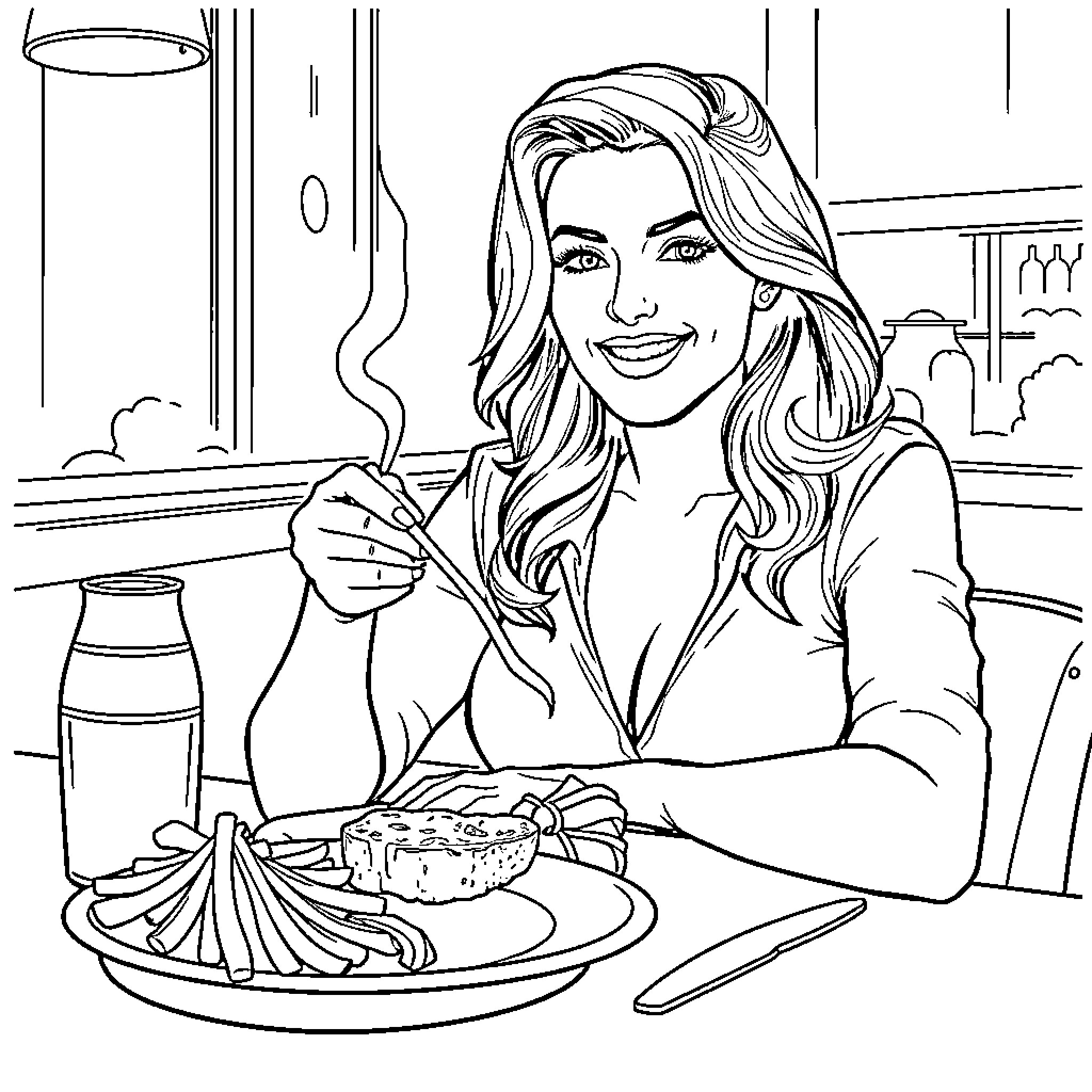 Rhea Ripley Enjoying a Meal in a Cozy Cafe Coloring Page (free black-and-white line drawing printable PDF for all, from beginners to advanced learners, including children, teens, adults, and seniors)