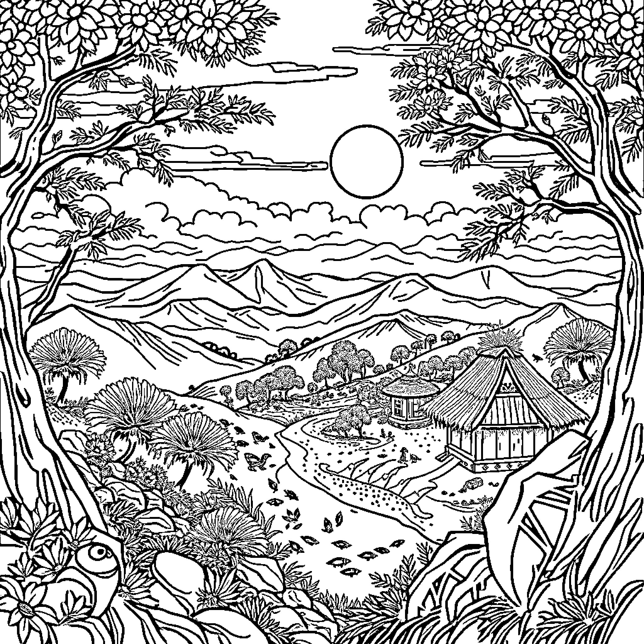 Jharkhand - Serene Landscape with Village and Mountains Coloring Page (free black-and-white line drawing printable PDF for all, from beginners to advanced learners, including children, teens, adults, and seniors)