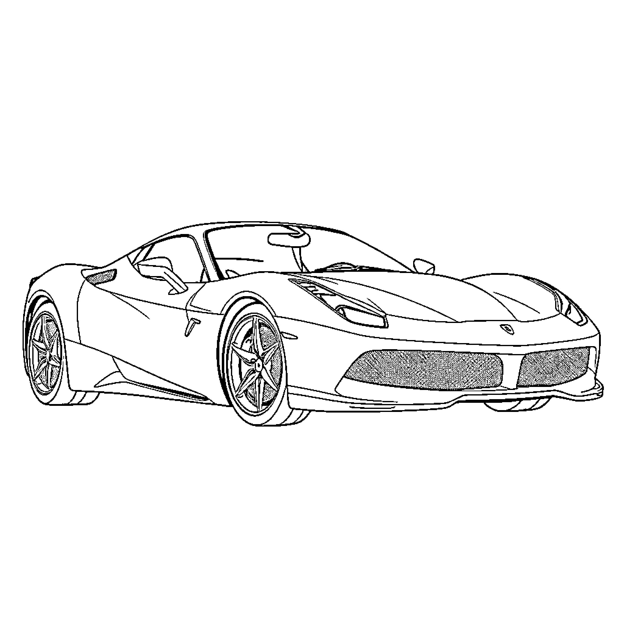 Ferrari sports car in racing stance Coloring Page (free black-and-white line drawing printable PDF for all, from beginners to advanced learners, including children, teens, adults, and seniors)