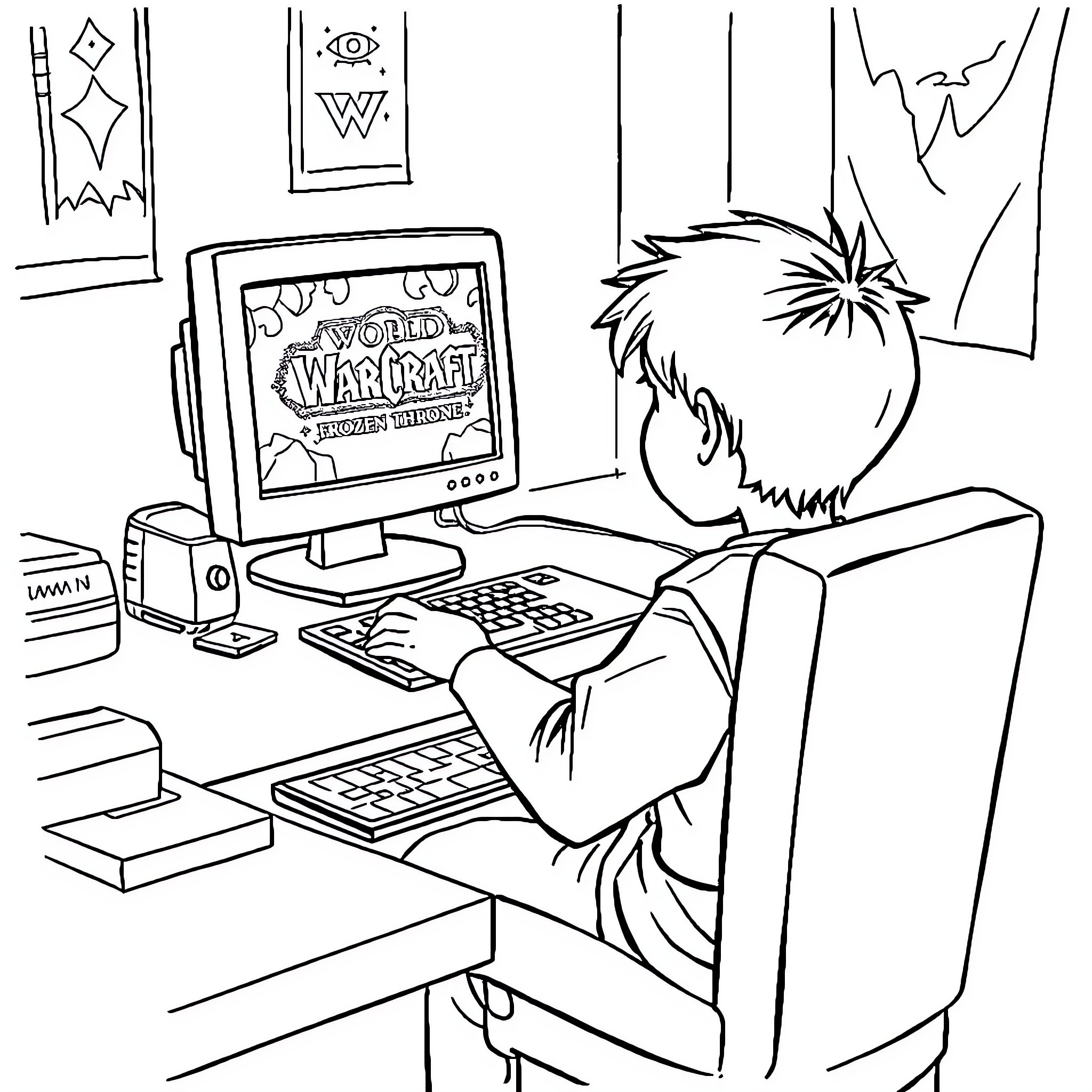 Boy intently playing a video game on his computer Coloring Page (free black-and-white line drawing printable PDF for all, from beginners to advanced learners, including children, teens, adults, and seniors)