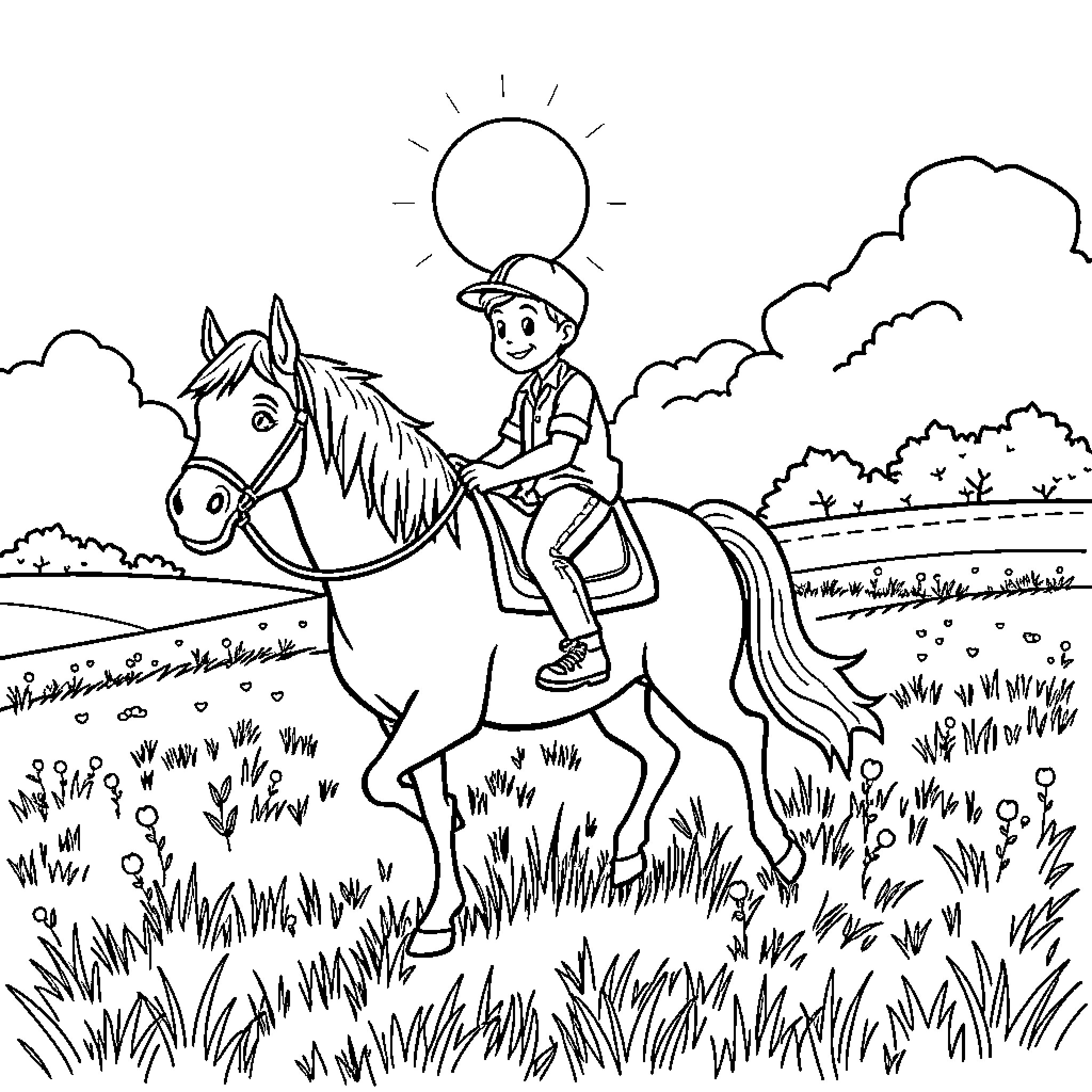 Midget riding a horse in a grassy field Coloring Page (free black-and-white line drawing printable PDF for all, from beginners to advanced learners, including children, teens, adults, and seniors)