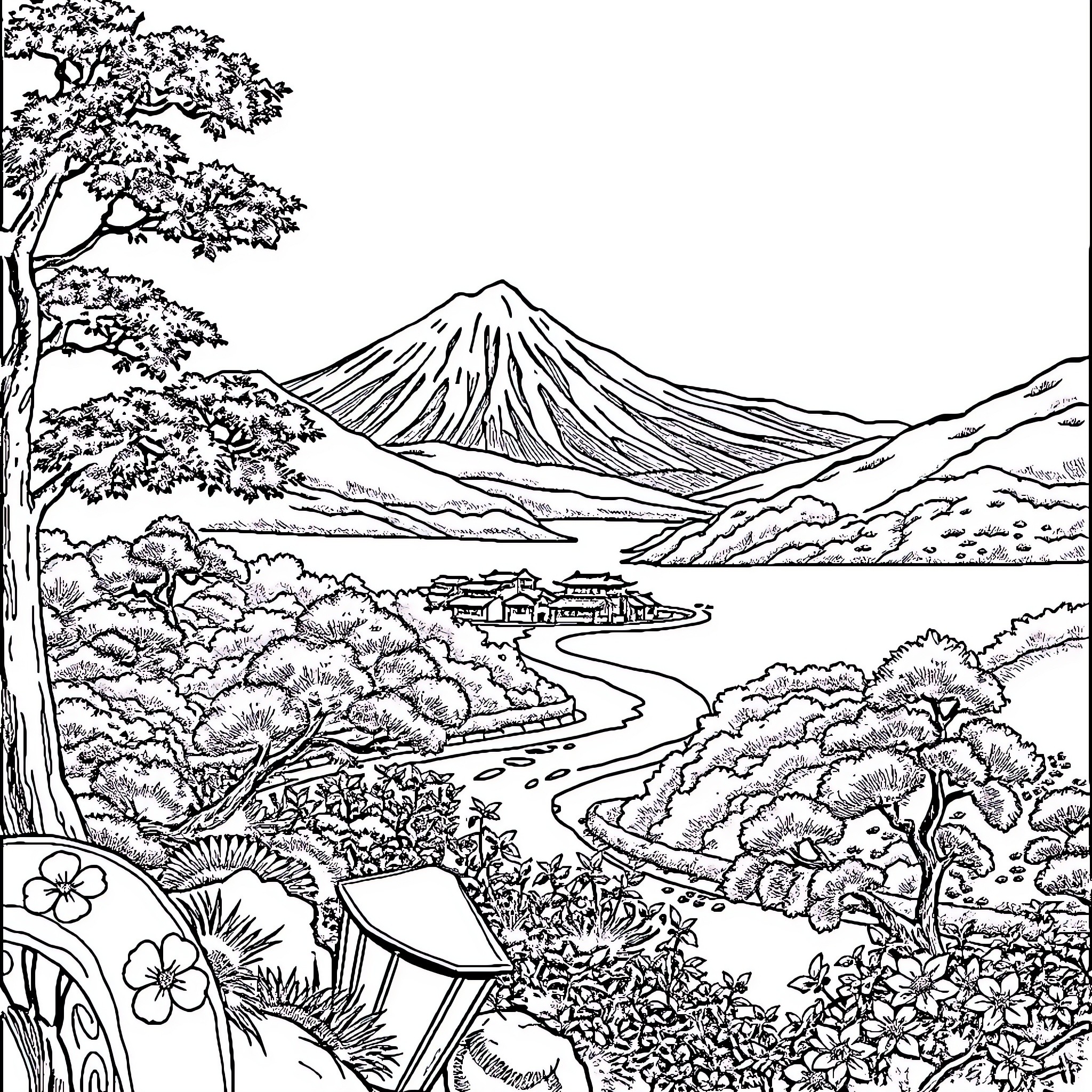Japanese Print of Scenic Mountain Landscape Coloring Page (free black-and-white line drawing printable PDF for all, from beginners to advanced learners, including children, teens, adults, and seniors)