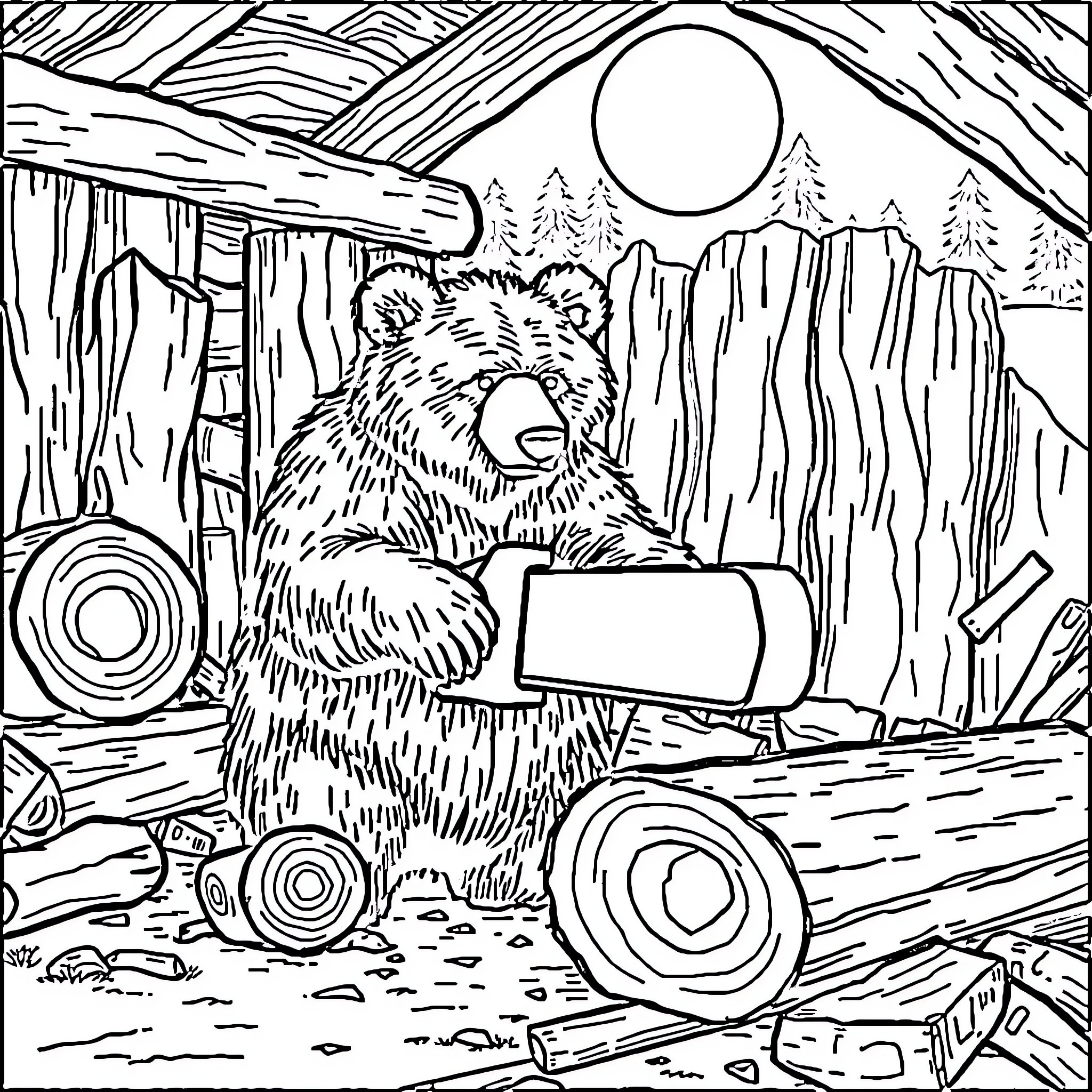 Bear relaxing in the wilderness Coloring Page (free black-and-white line drawing printable PDF for all, from beginners to advanced learners, including children, teens, adults, and seniors)