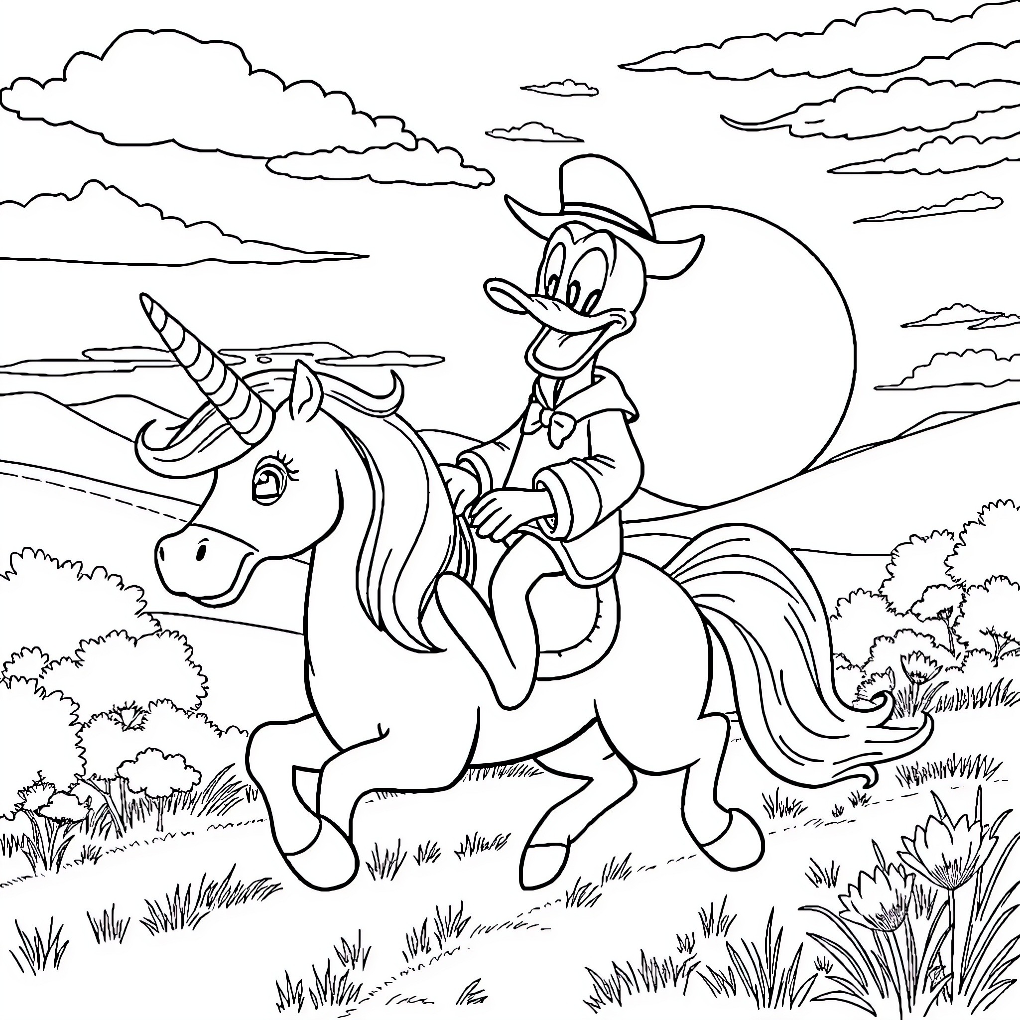 Donald Duck riding a unicorn in a scenic landscape Coloring Page (free black-and-white line drawing printable PDF for all, from beginners to advanced learners, including children, teens, adults, and seniors)