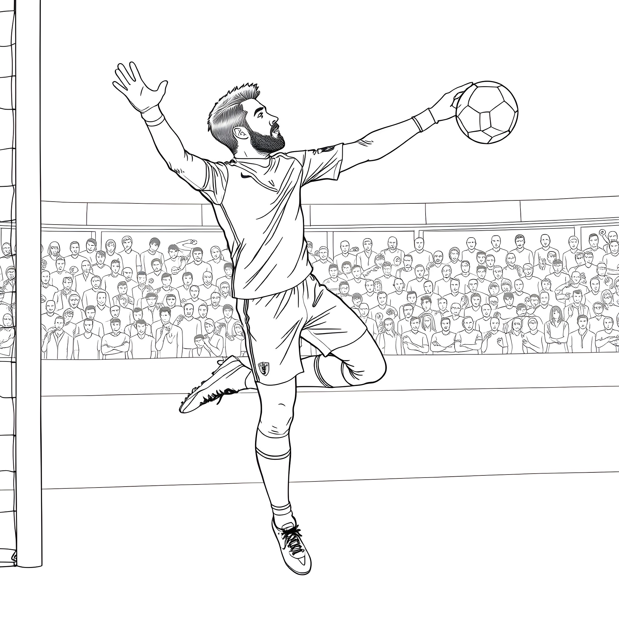 Alisson catching the ball in a soccer stadium Coloring Page (free black-and-white line drawing printable PDF for all, from beginners to advanced learners, including children, teens, adults, and seniors)