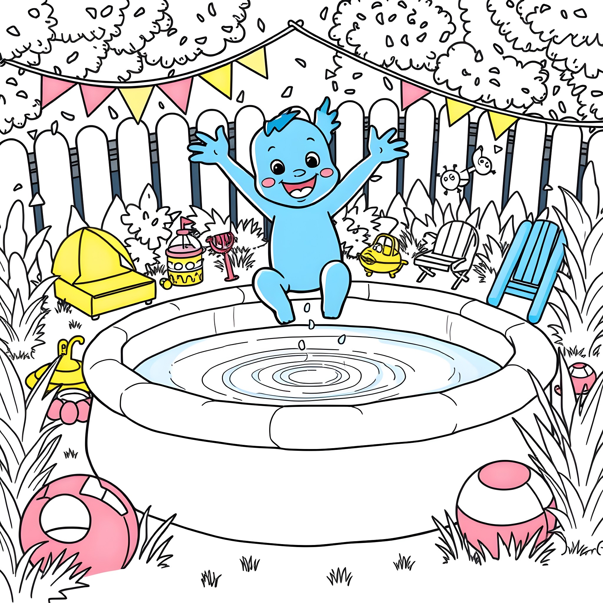 Bluey having fun in the backyard pool party Coloring Page (free black-and-white line drawing printable PDF for all, from beginners to advanced learners, including children, teens, adults, and seniors)