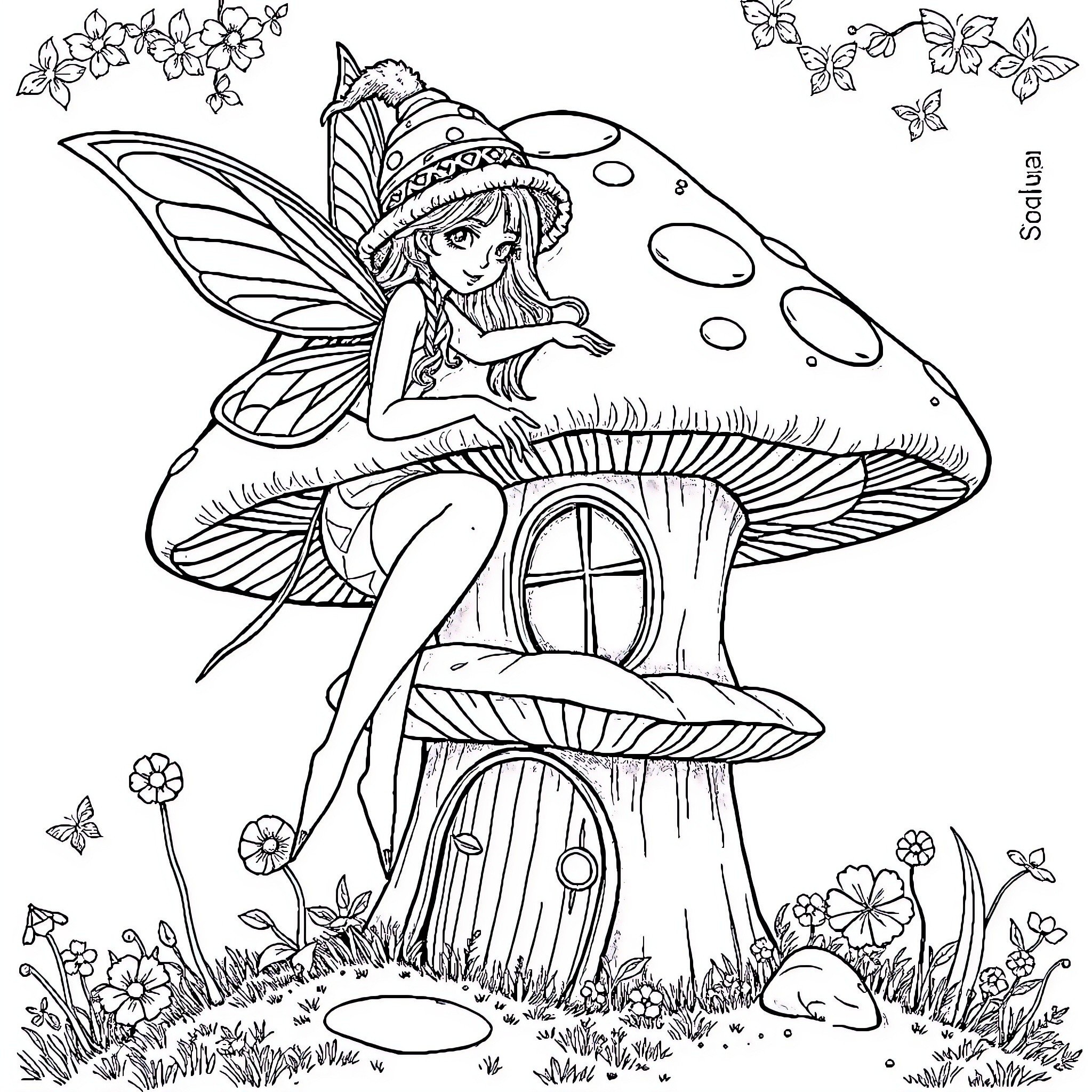 Fairy sitting on a whimsical mushroom house Coloring Page (free black-and-white line drawing printable PDF for all, from beginners to advanced learners, including children, teens, adults, and seniors)