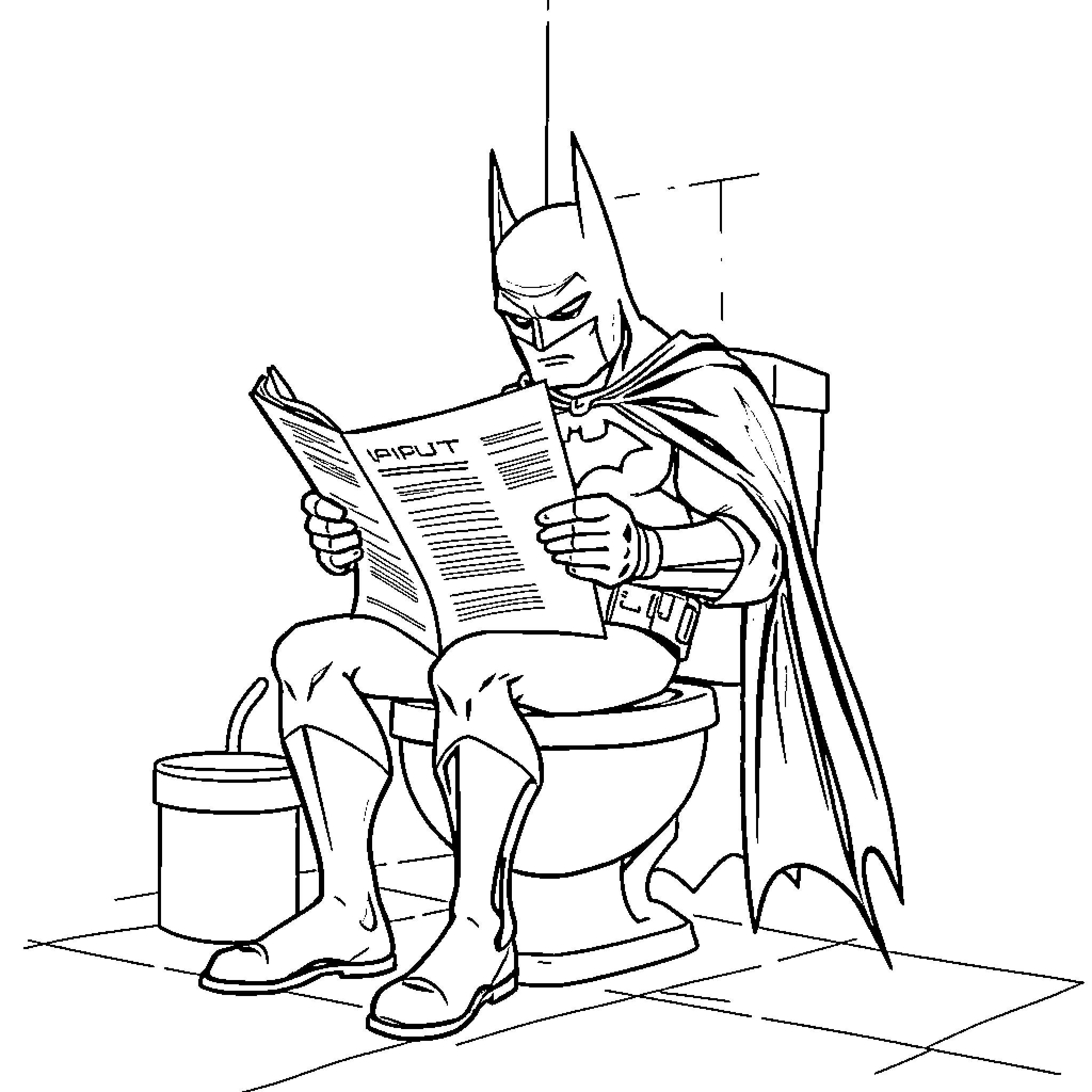 Batman reading a newspaper on the toilet Coloring Page (free black-and-white line drawing printable PDF for all, from beginners to advanced learners, including children, teens, adults, and seniors)