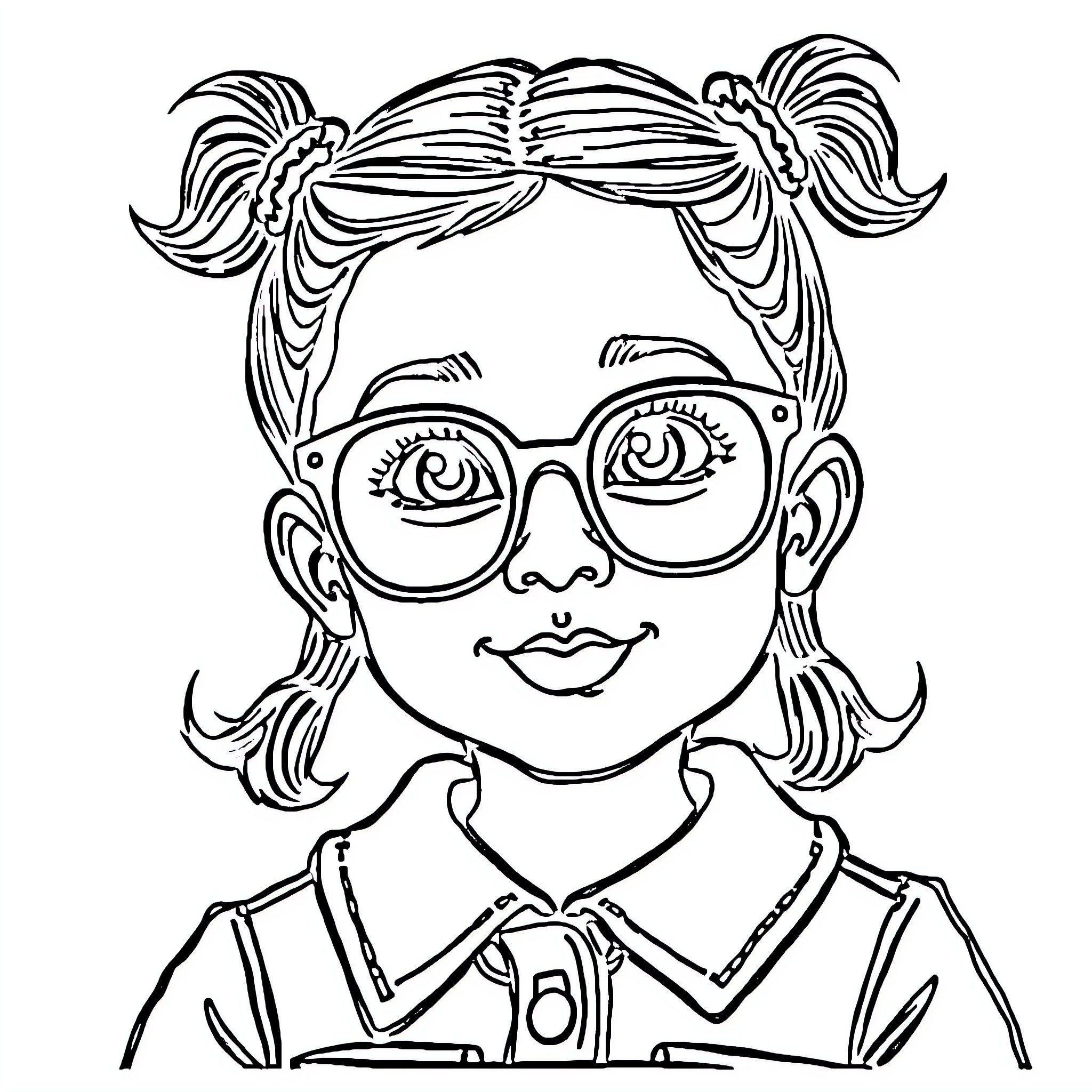 Girl with Glasses and Expressive Face Coloring Page (free black-and-white line drawing printable PDF for all, from beginners to advanced learners, including children, teens, adults, and seniors)