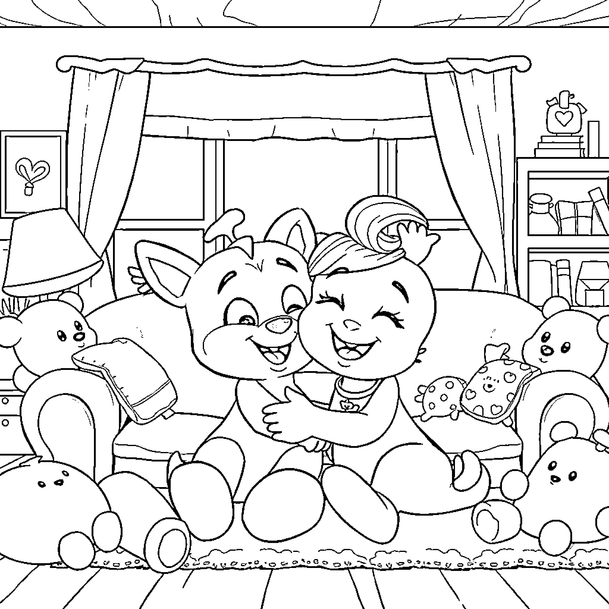 Bluey's playful gathering with family and friends Coloring Page (free black-and-white line drawing printable PDF for all, from beginners to advanced learners, including children, teens, adults, and seniors)