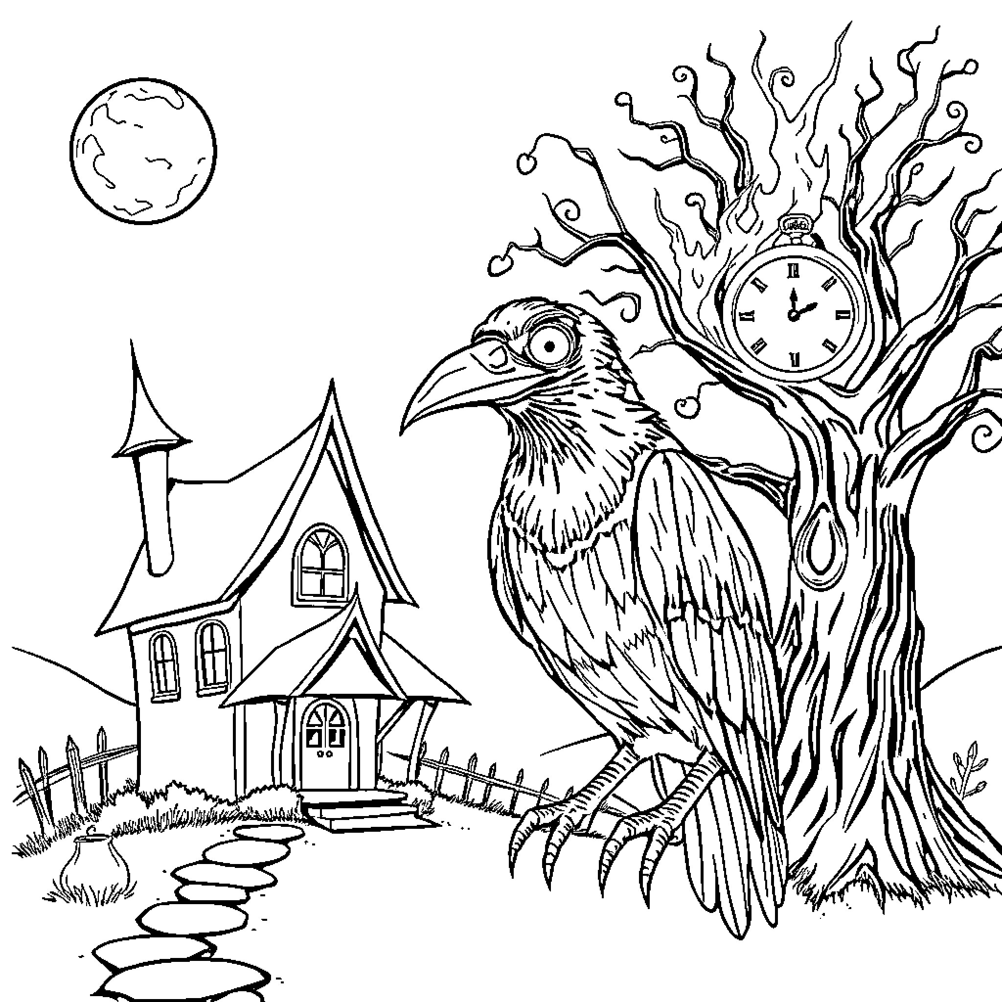 Witch's Eerie Abode: Raven, Moon, and Enchanted Tree Coloring Page (free black-and-white line drawing printable PDF for all, from beginners to advanced learners, including children, teens, adults, and seniors)
