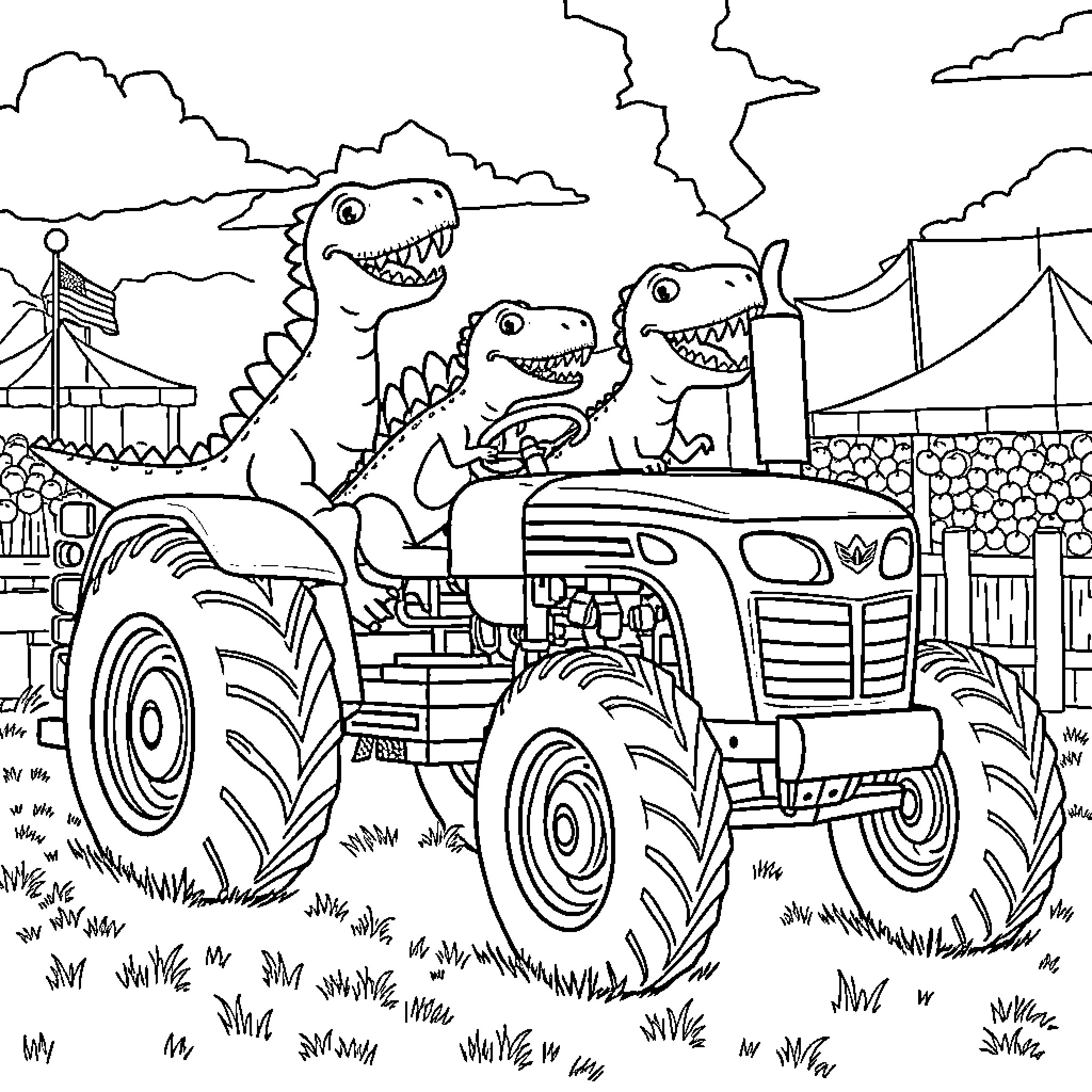 Dinosaur Riding Tractor on Farm Coloring Page (free black-and-white line drawing printable PDF for all, from beginners to advanced learners, including children, teens, adults, and seniors)
