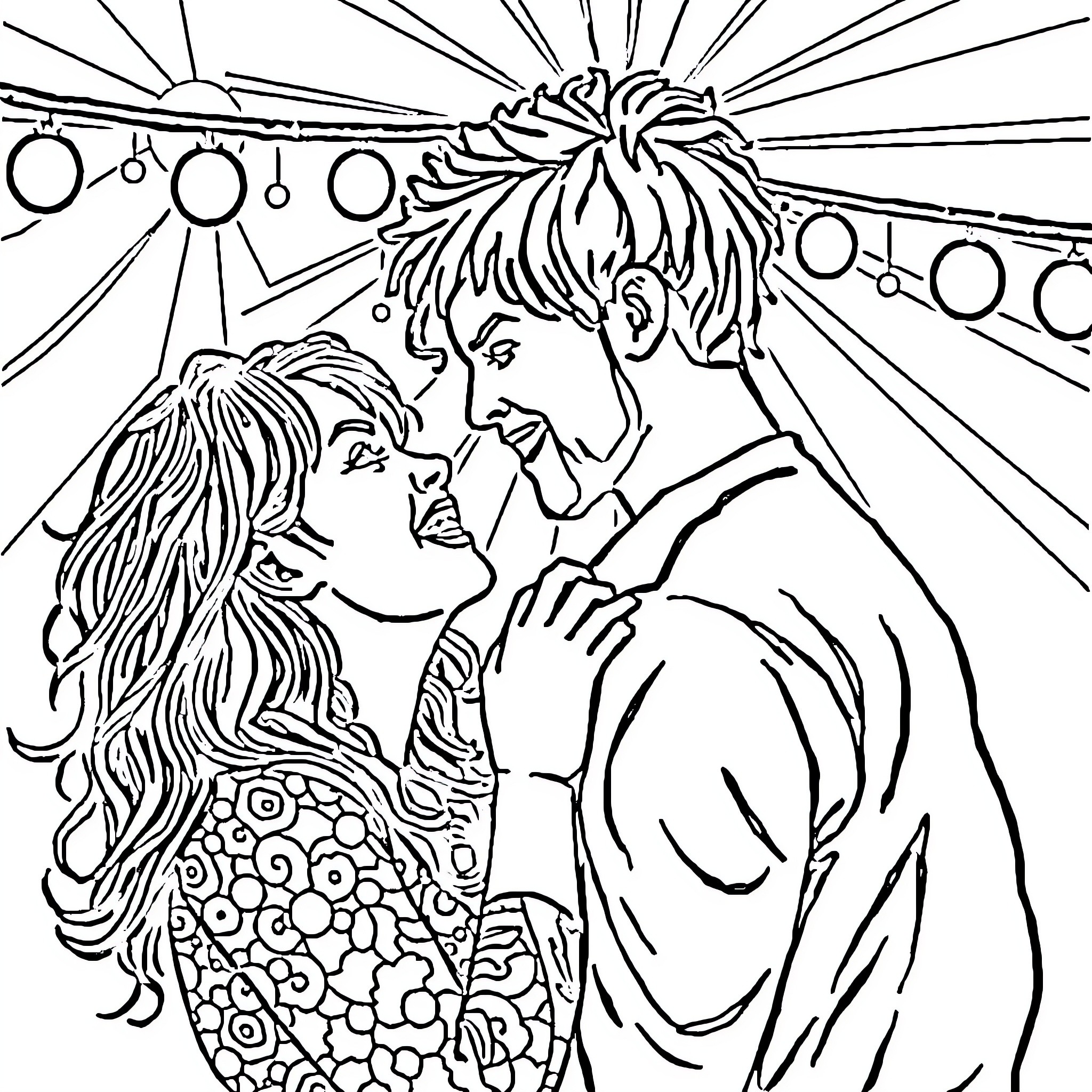 Photo of a couple embracing under decorative lights Coloring Page (free black-and-white line drawing printable PDF for all, from beginners to advanced learners, including children, teens, adults, and seniors)