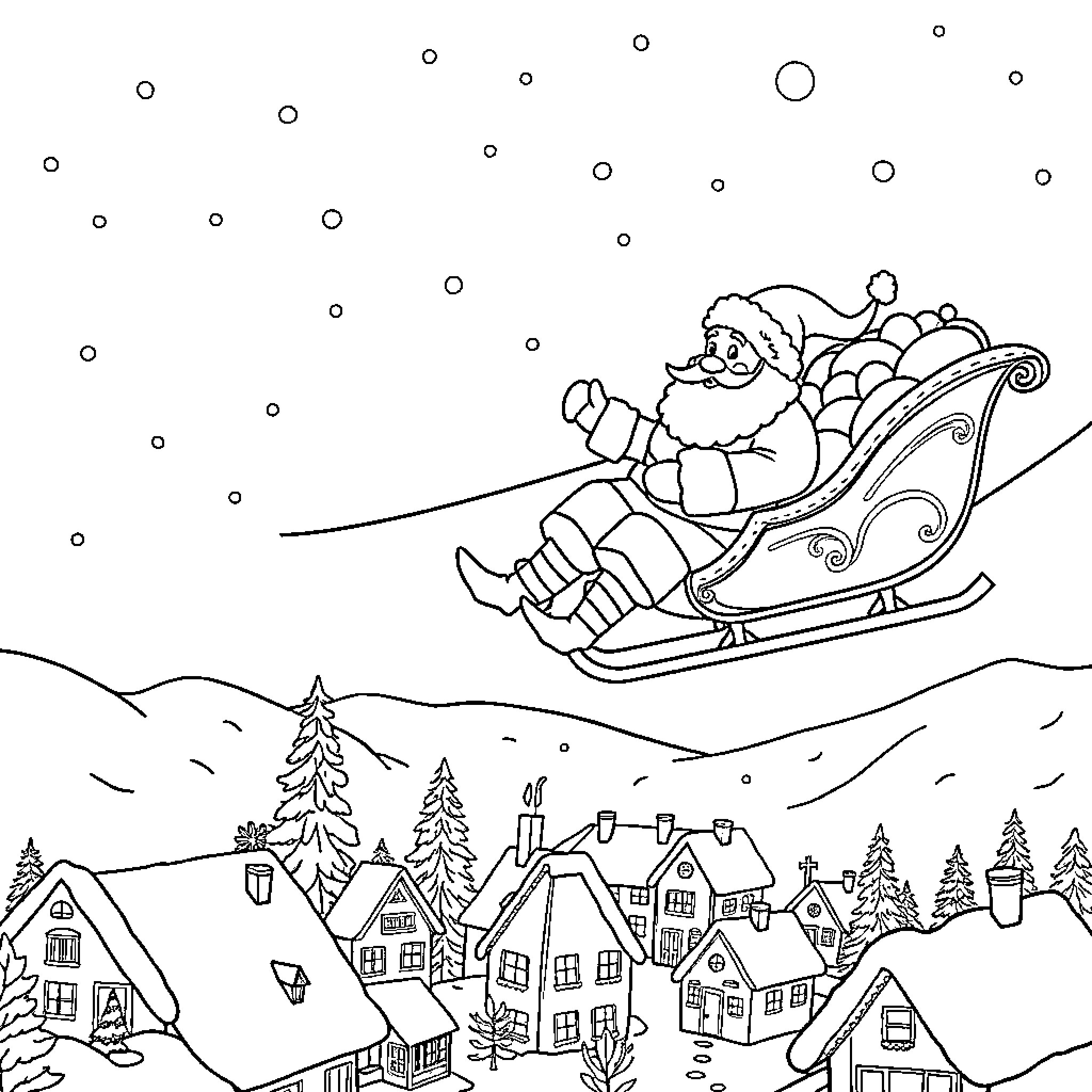 Santa Claus riding in his sleigh over a snowy village Coloring Page (free black-and-white line drawing printable PDF for all, from beginners to advanced learners, including children, teens, adults, and seniors)