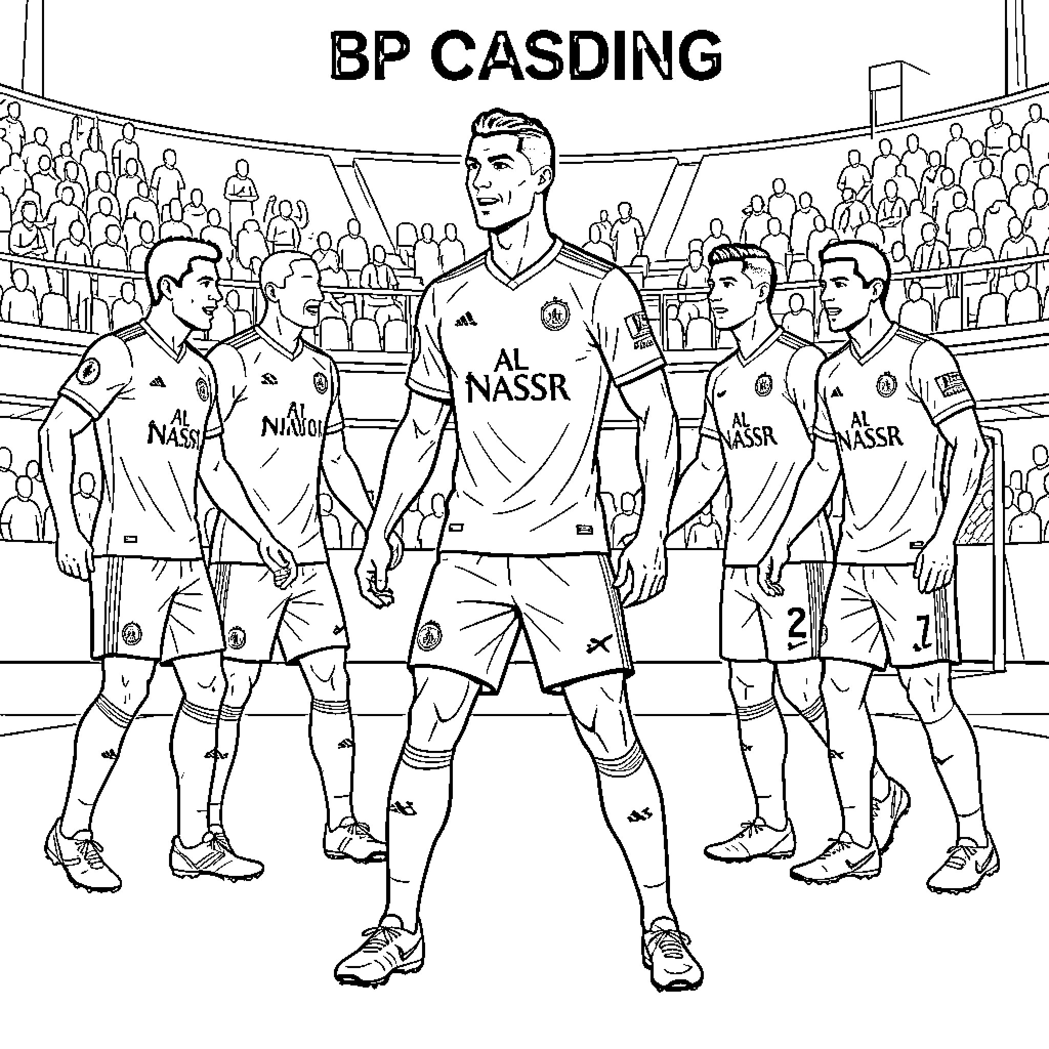 Ronaldo smiling with his teammates on a football field Coloring Page (free black-and-white line drawing printable PDF for all, from beginners to advanced learners, including children, teens, adults, and seniors)