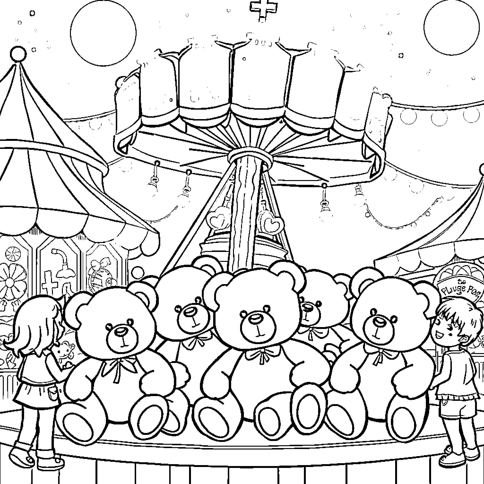 Teddy Bears enjoying a carnival ride Coloring Page (free black-and-white line drawing printable PDF for all, from beginners to advanced learners, including children, teens, adults, and seniors)
