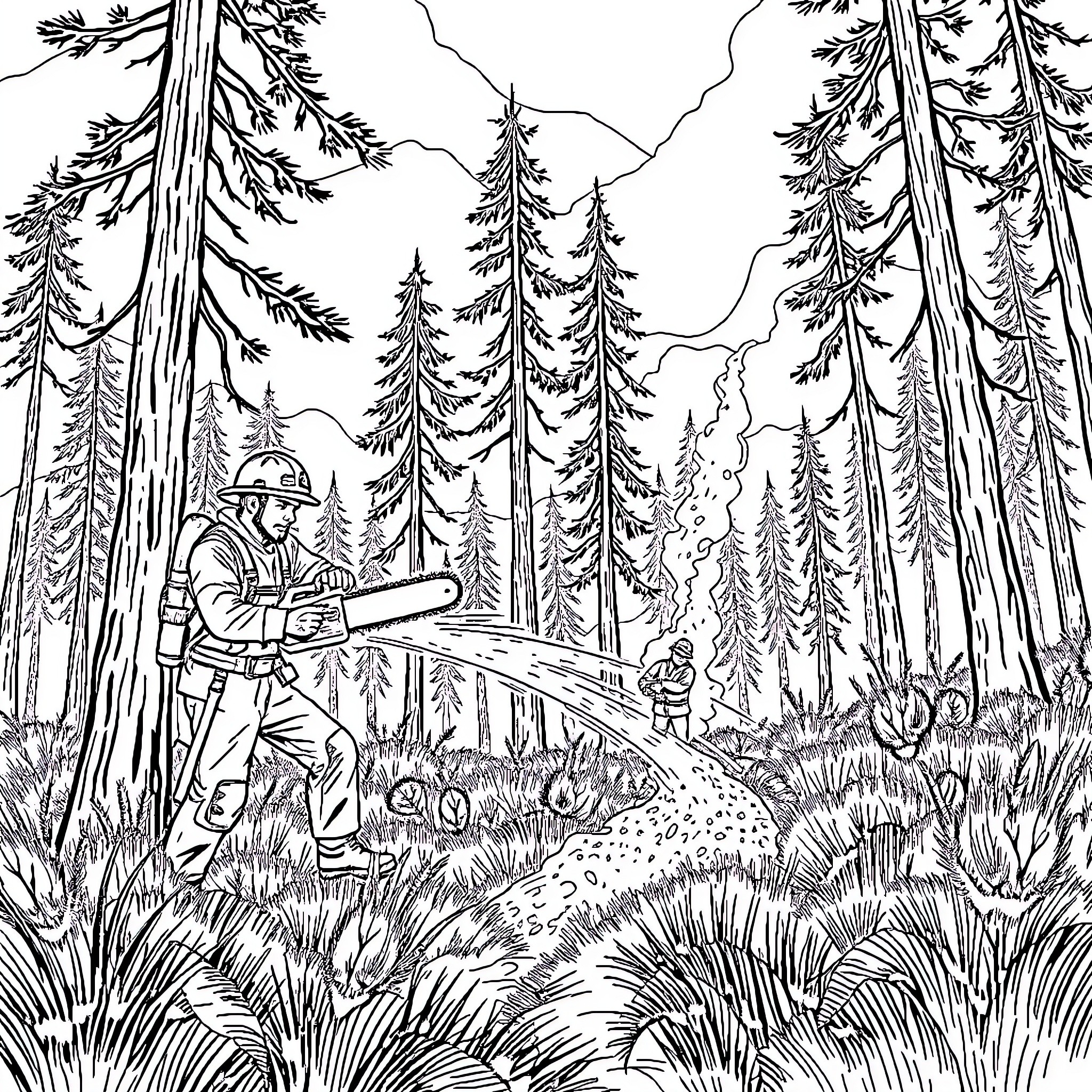 Firefighter clearing path through dense forest Coloring Page (free black-and-white line drawing printable PDF for all, from beginners to advanced learners, including children, teens, adults, and seniors)