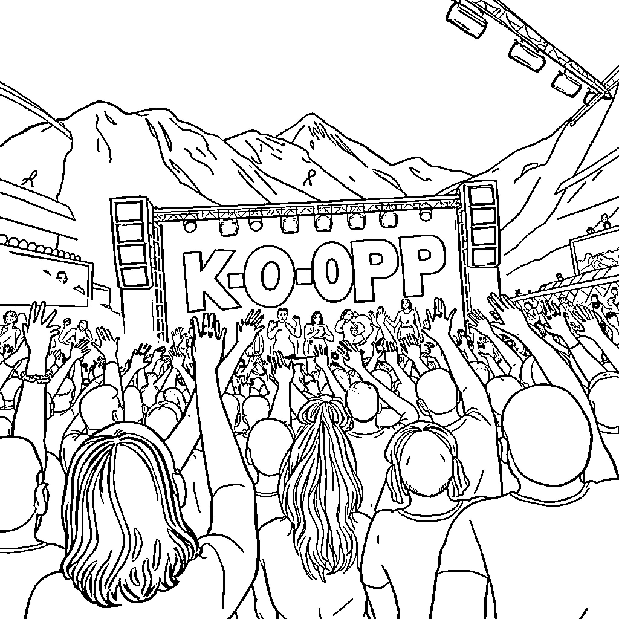 K Pop Concert with Excited Fans and Performers Coloring Page (free black-and-white line drawing printable PDF for all, from beginners to advanced learners, including children, teens, adults, and seniors)