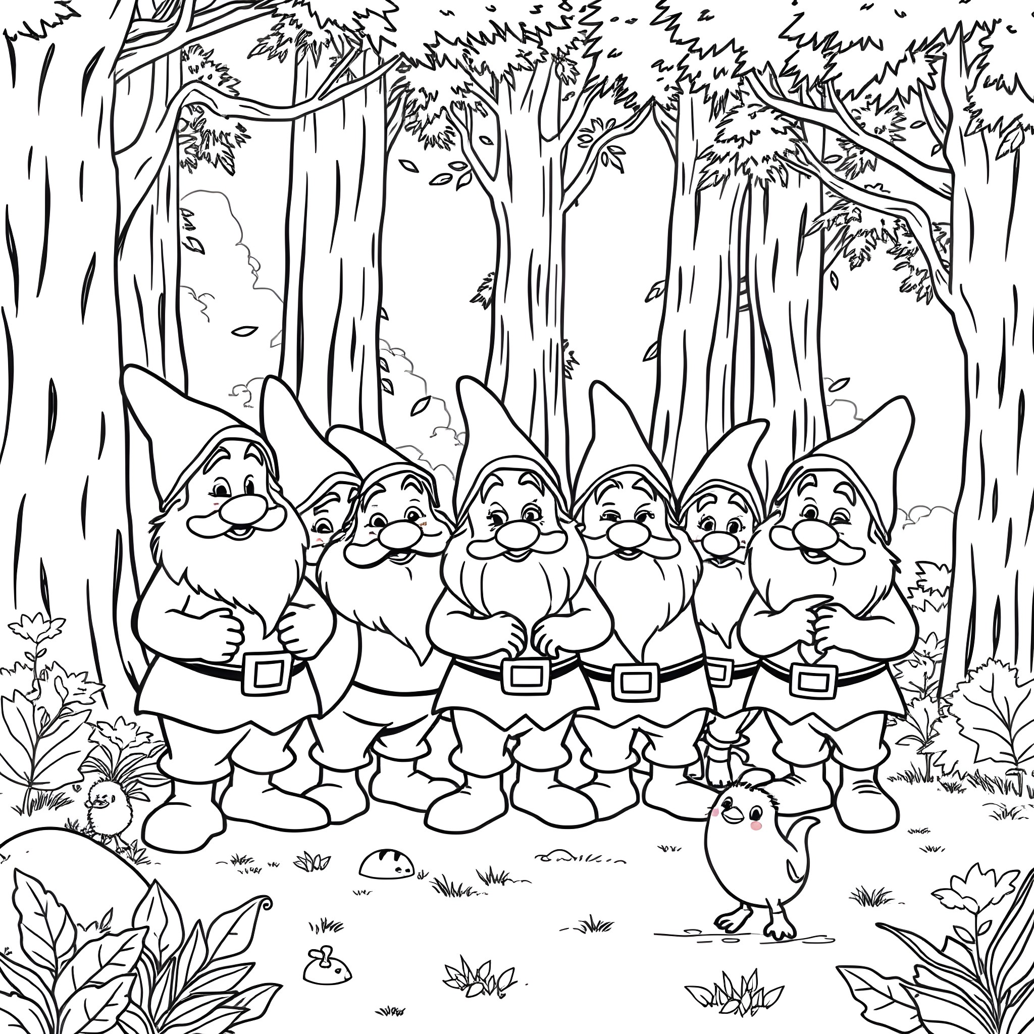 Dwarf gnomes exploring the enchanted forest Coloring Page (free black-and-white line drawing printable PDF for all, from beginners to advanced learners, including children, teens, adults, and seniors)