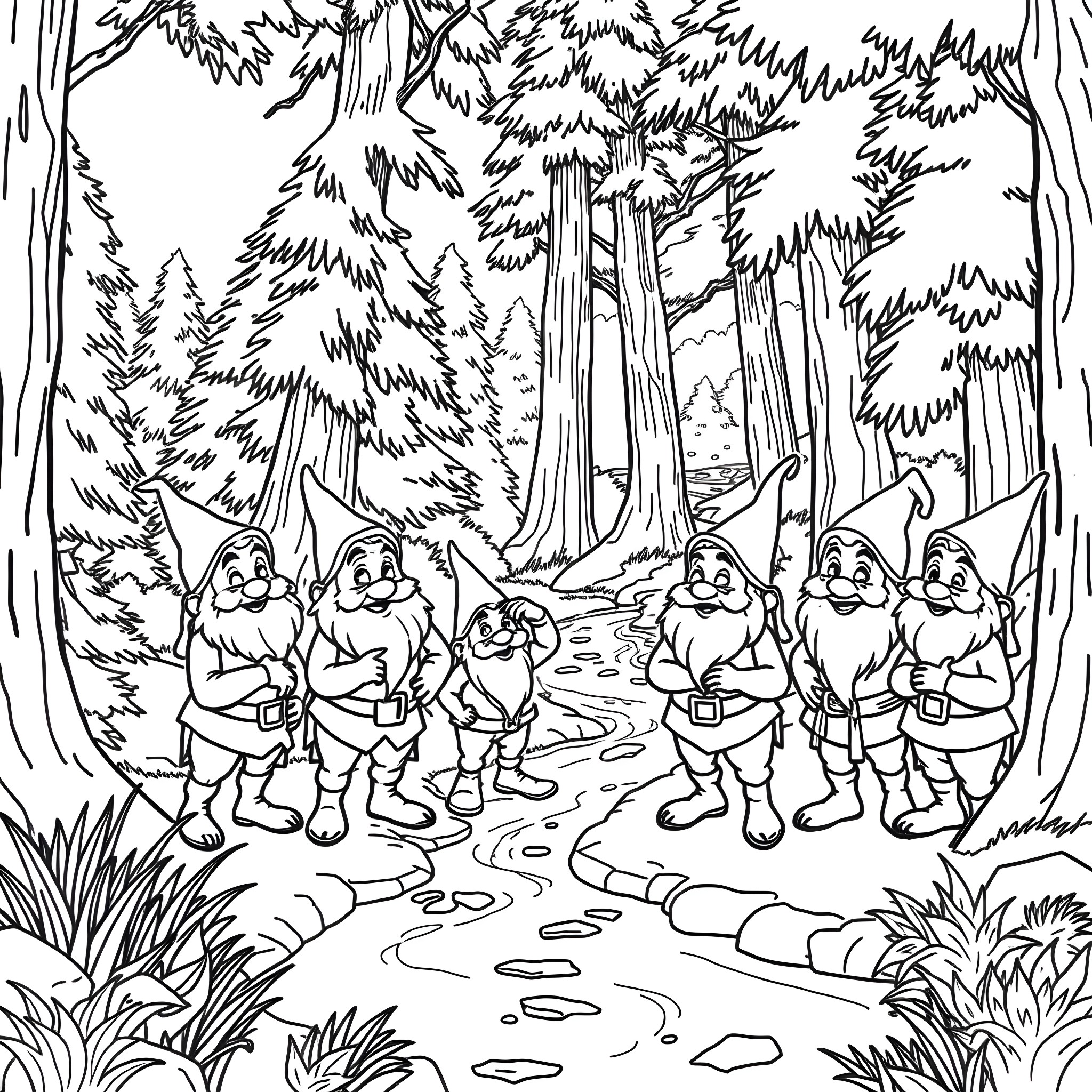 Dwarf companions exploring the enchanted forest Coloring Page (free black-and-white line drawing printable PDF for all, from beginners to advanced learners, including children, teens, adults, and seniors)