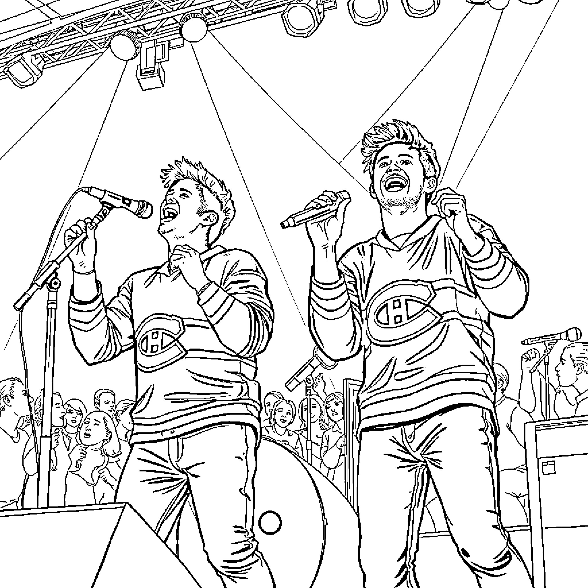 Jonas Brothers Performing on Stage with Enthusiasm Coloring Page (free black-and-white line drawing printable PDF for all, from beginners to advanced learners, including children, teens, adults, and seniors)