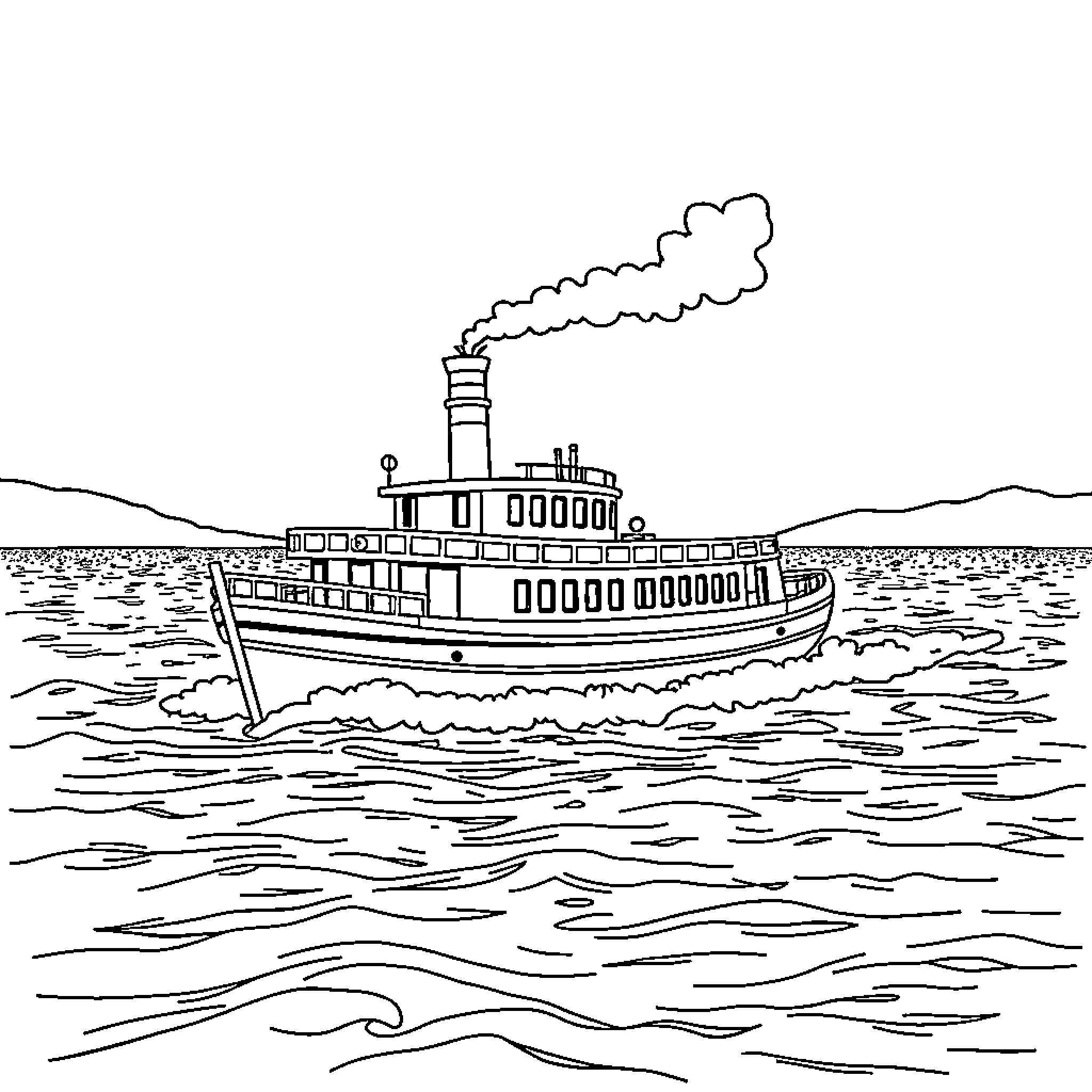 Steamship sailing across the waves Coloring Page (free black-and-white line drawing printable PDF for all, from beginners to advanced learners, including children, teens, adults, and seniors)