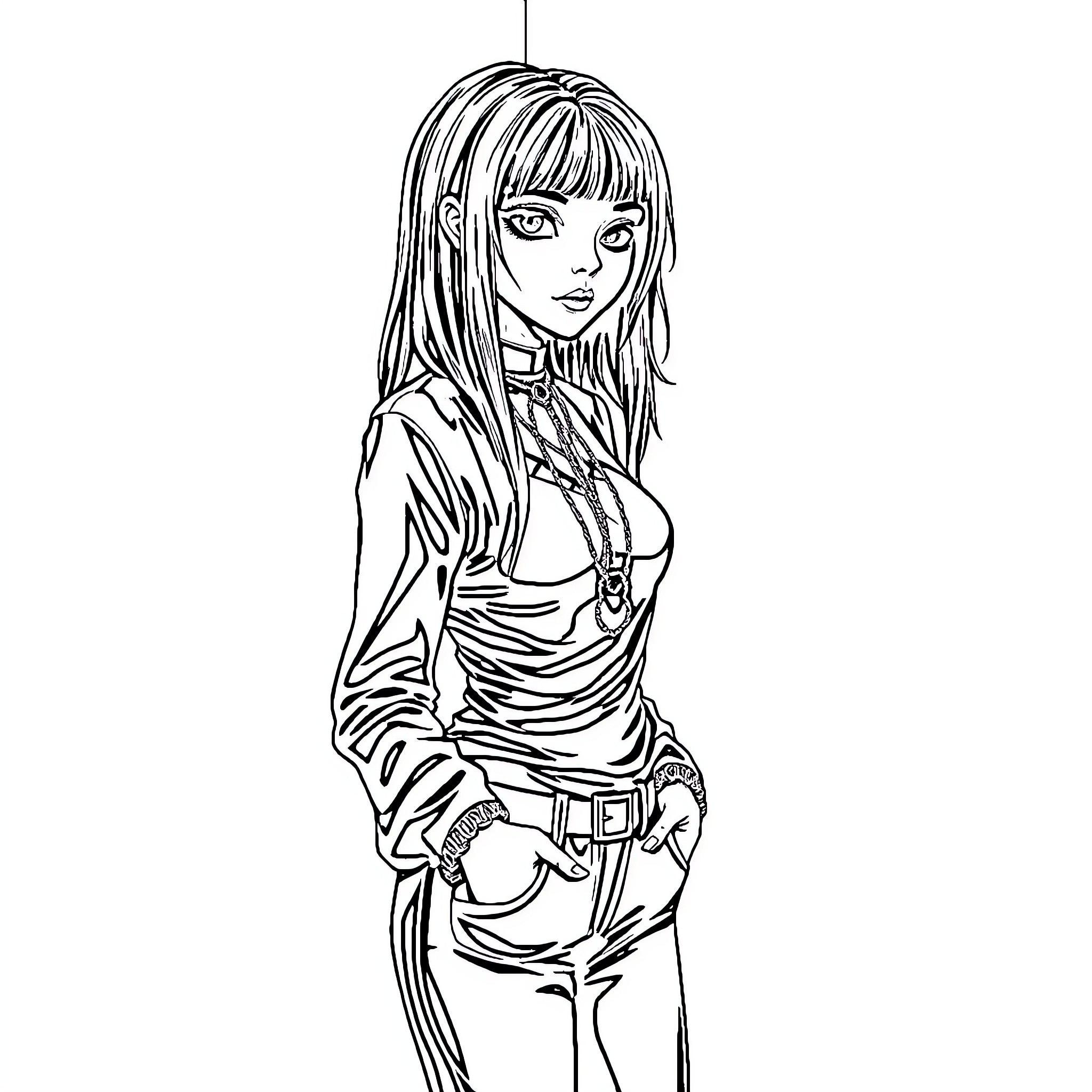 Goth Girl in Stylish Attire Coloring Page (free black-and-white line drawing printable PDF for all, from beginners to advanced learners, including children, teens, adults, and seniors)