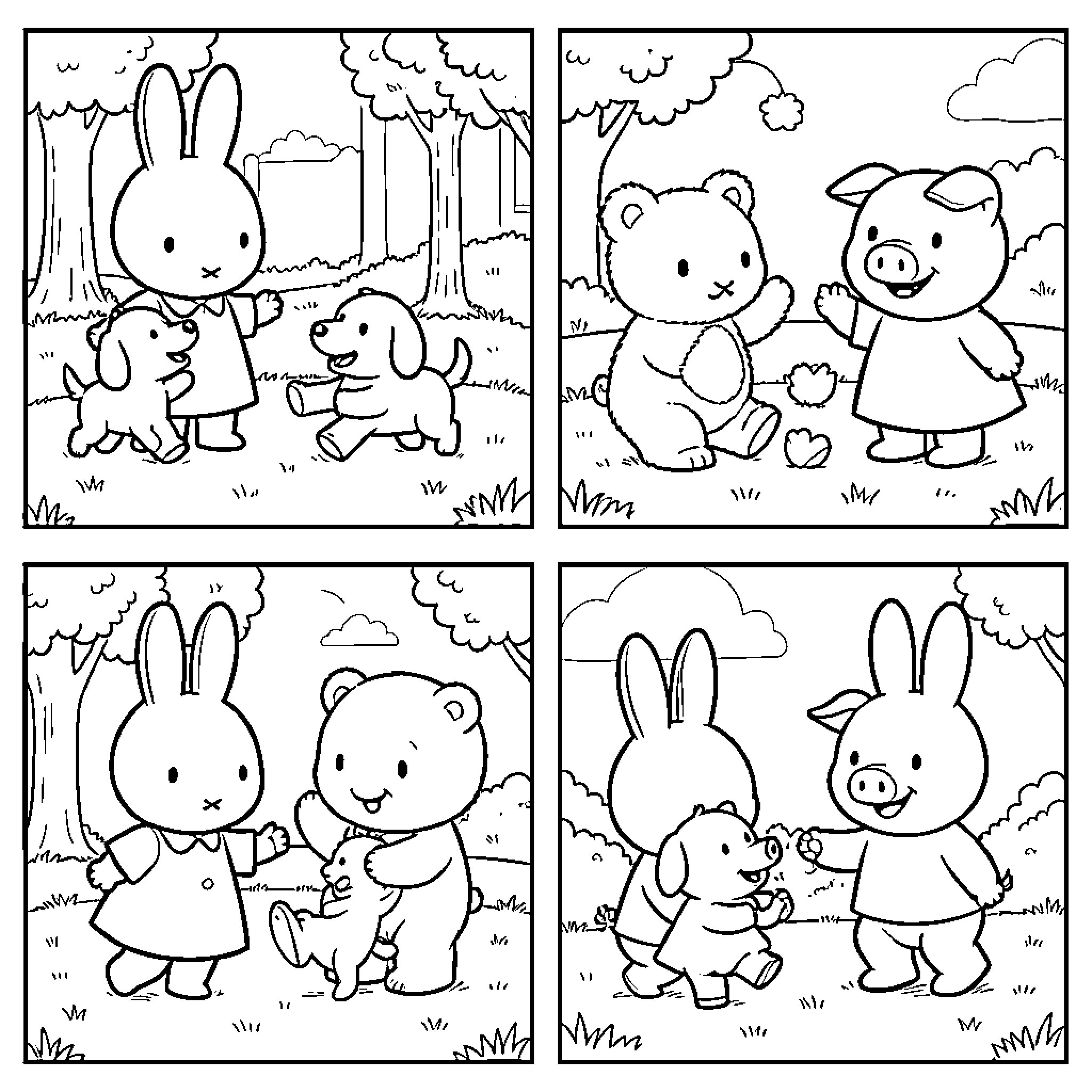 Miffy and Friends Exploring the Outdoors Coloring Page (free black-and-white line drawing printable PDF for all, from beginners to advanced learners, including children, teens, adults, and seniors)