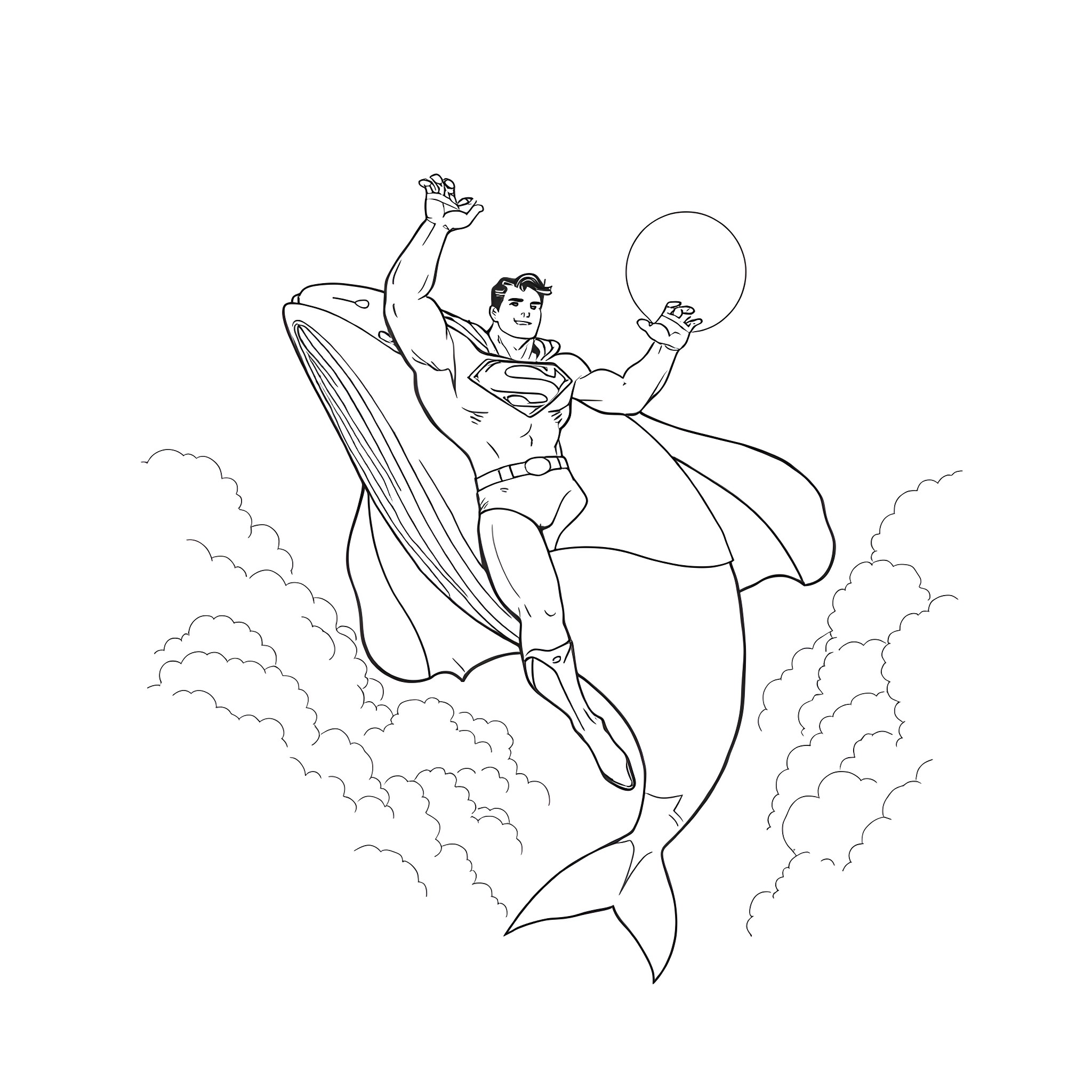 Superman soars through the clouds with determination Coloring Page (free black-and-white line drawing printable PDF for all, from beginners to advanced learners, including children, teens, adults, and seniors)