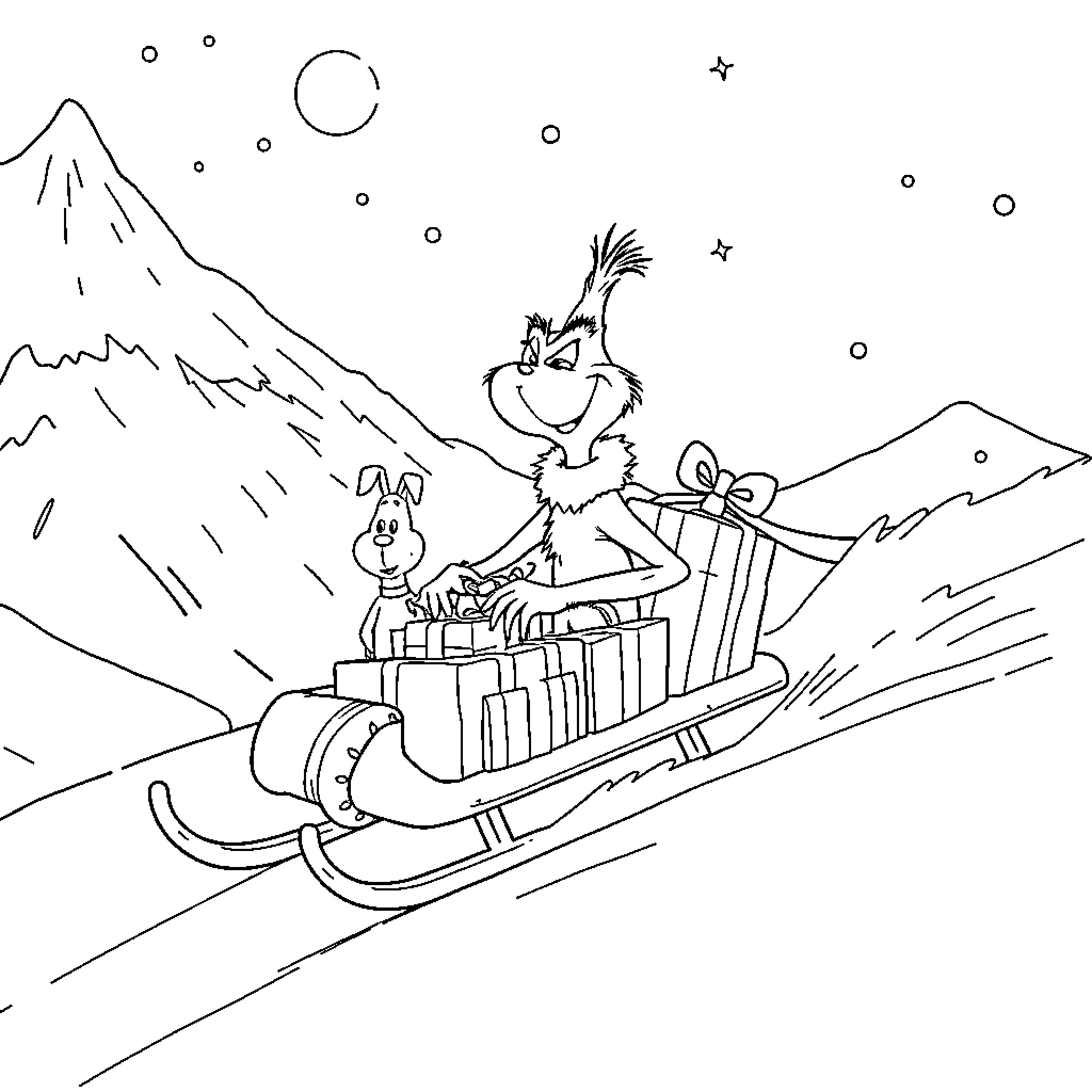 Grinch and dog riding a sled down a snowy mountain Coloring Page (free black-and-white line drawing printable PDF for all, from beginners to advanced learners, including children, teens, adults, and seniors)