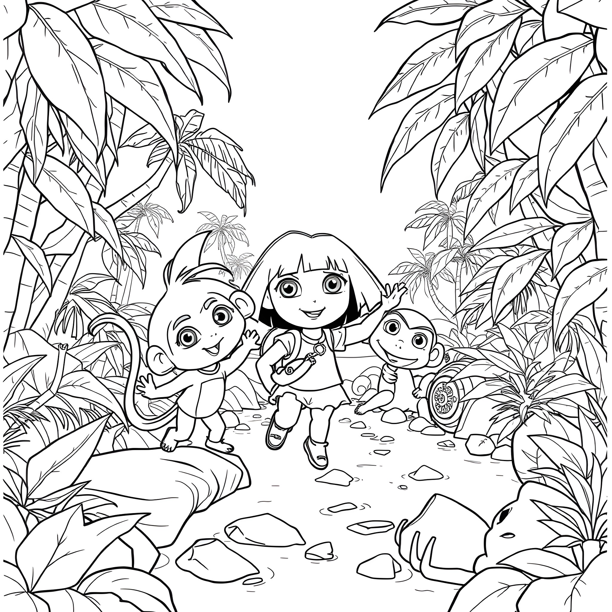 Bluey and friends exploring the jungle Coloring Page (free black-and-white line drawing printable PDF for all, from beginners to advanced learners, including children, teens, adults, and seniors)