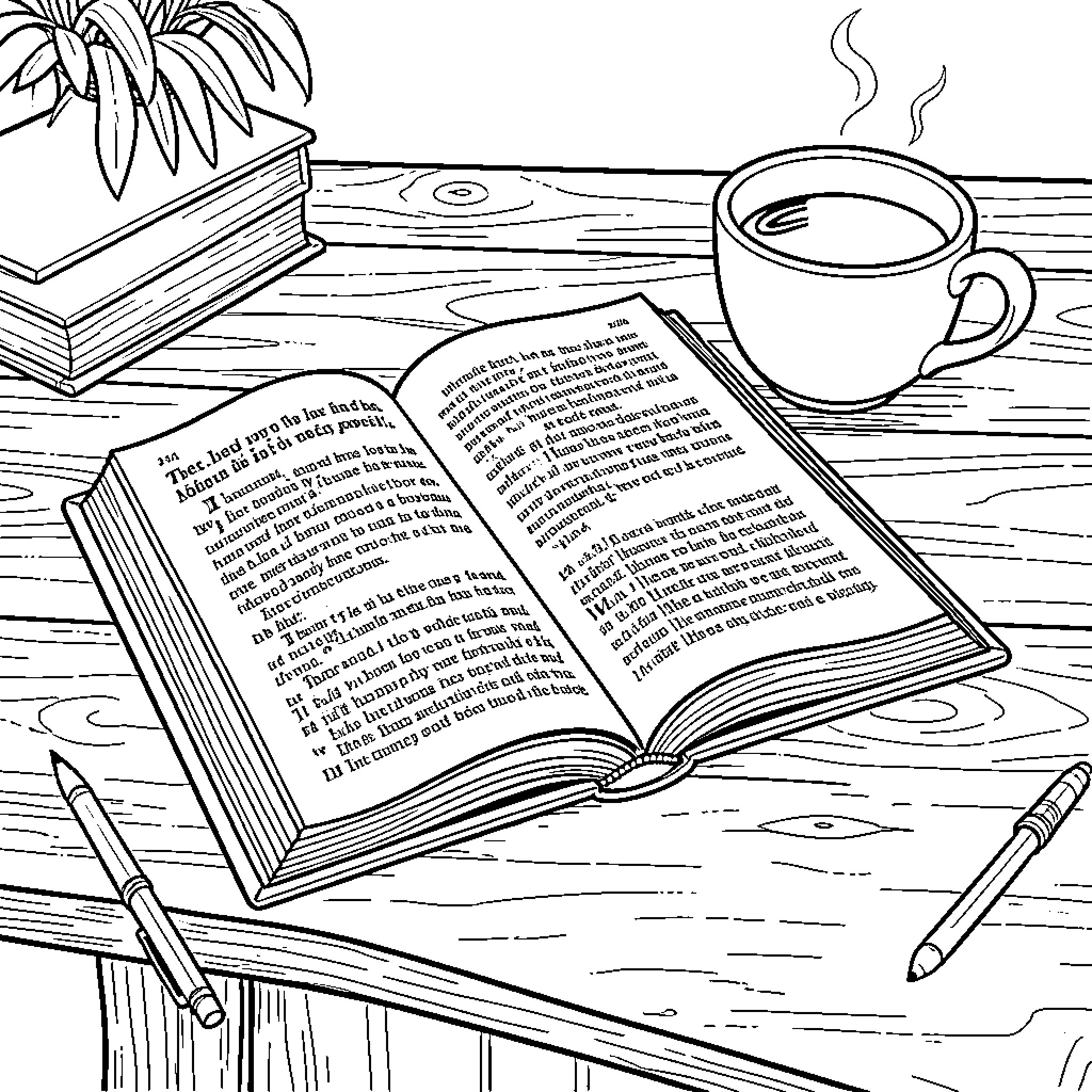 Bible open on a desk with a warm beverage Coloring Page (free black-and-white line drawing printable PDF for all, from beginners to advanced learners, including children, teens, adults, and seniors)