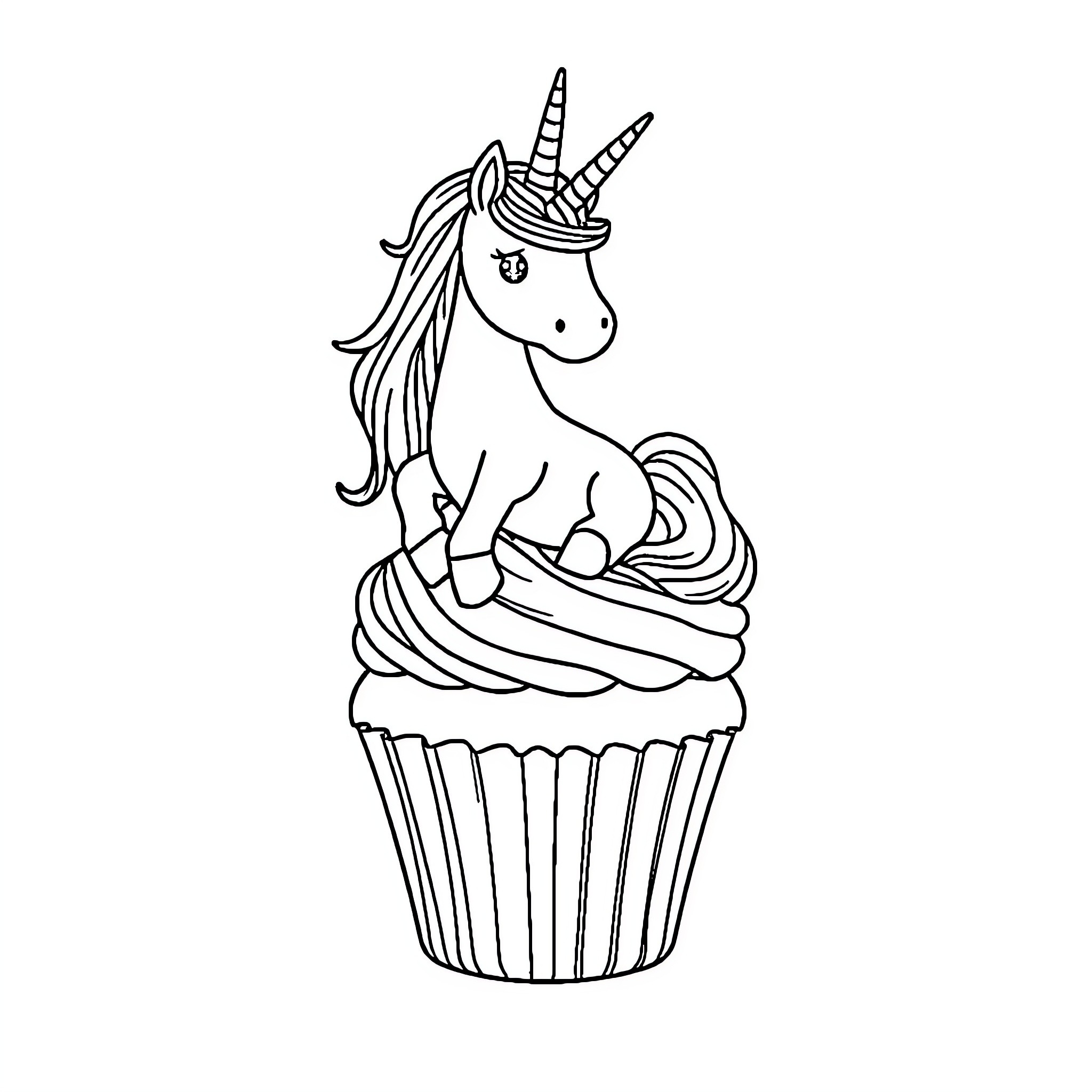 Unicorn sitting atop a whimsical cupcake Coloring Page (free black-and-white line drawing printable PDF for all, from beginners to advanced learners, including children, teens, adults, and seniors)