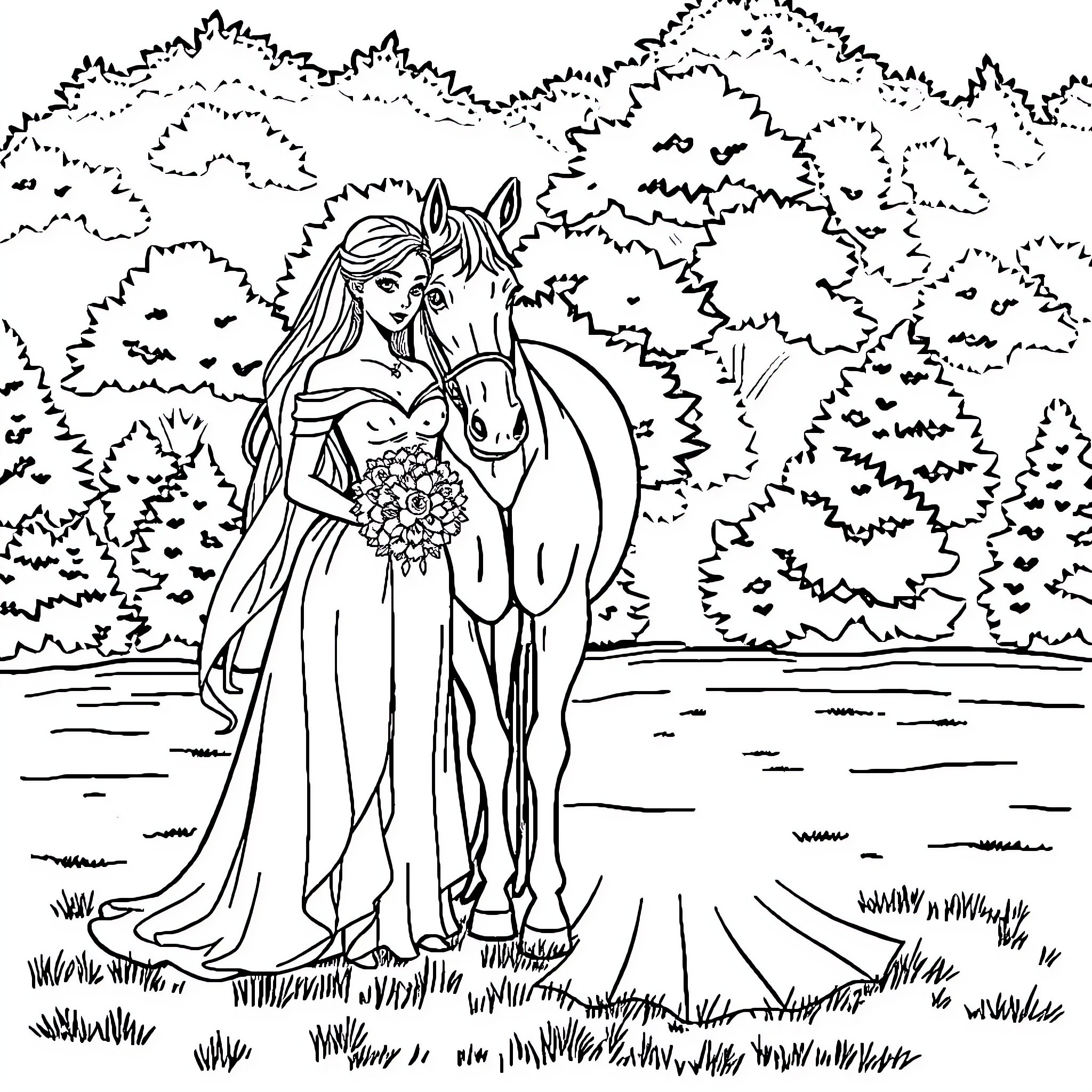 Bride and her horse in a serene woodland Coloring Page (free black-and-white line drawing printable PDF for all, from beginners to advanced learners, including children, teens, adults, and seniors)